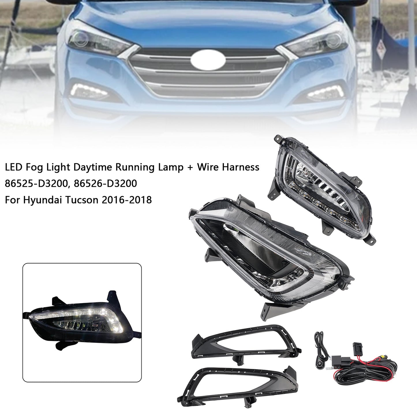 2016-2018 Hyundai Tucson LED Fog Light Daytime Running Lamp + Wire Harness