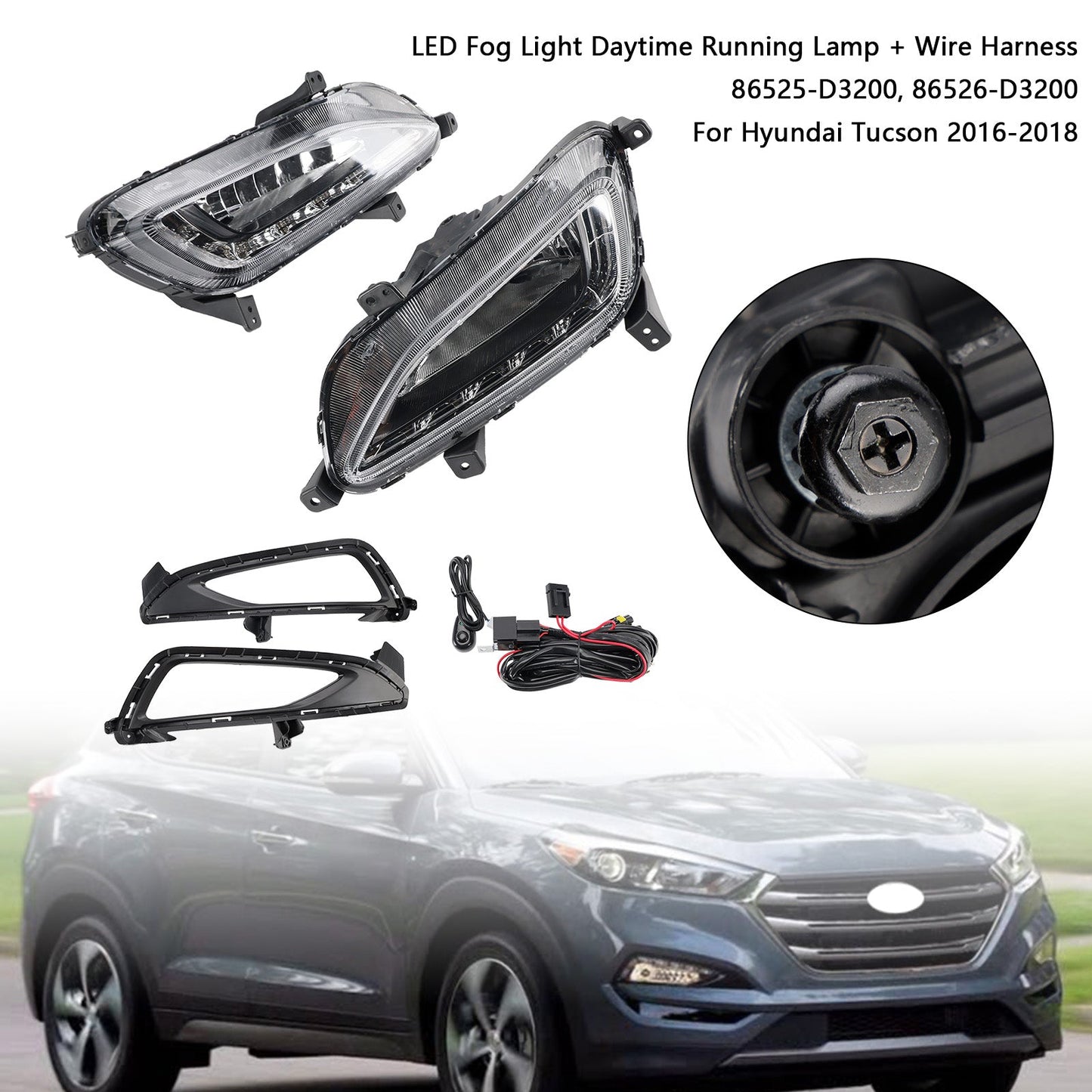 2016-2018 Hyundai Tucson LED Fog Light Daytime Running Lamp + Wire Harness