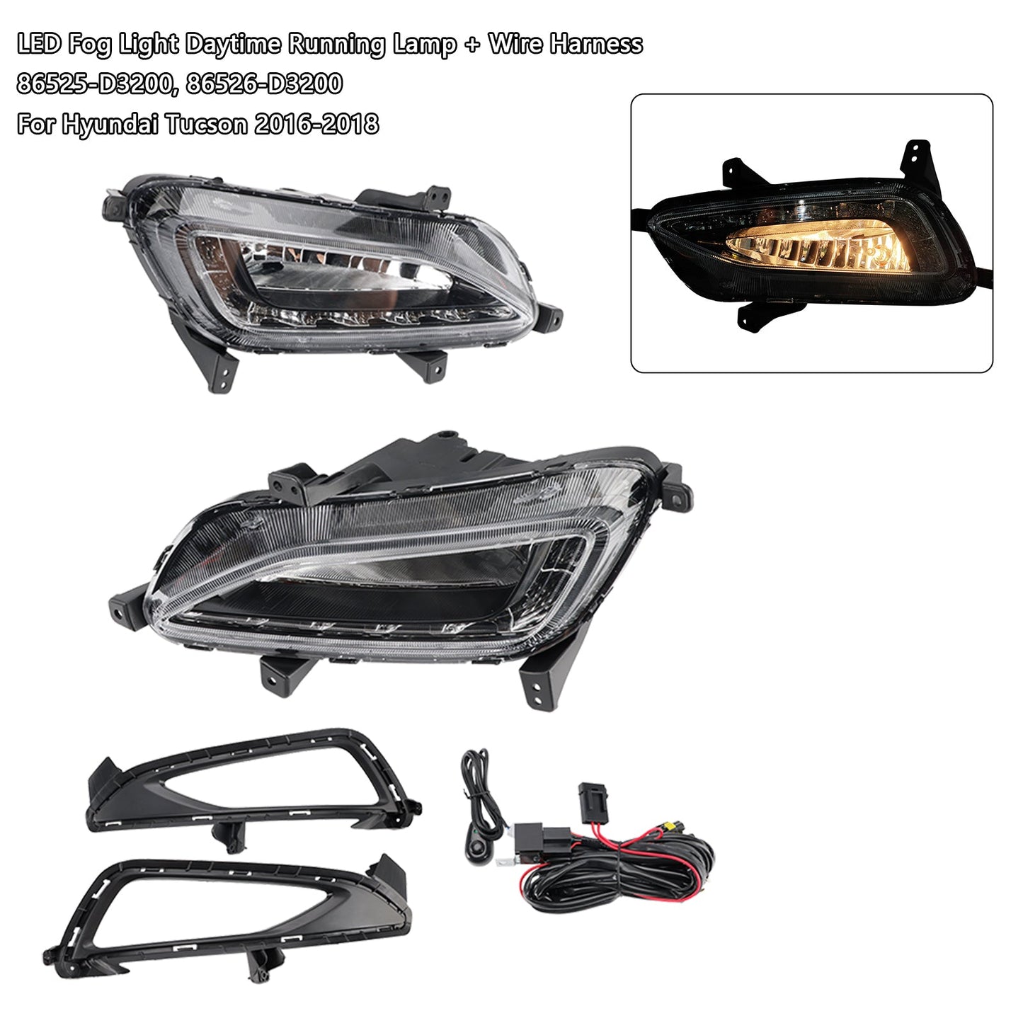 2016-2018 Hyundai Tucson LED Fog Light Daytime Running Lamp + Wire Harness