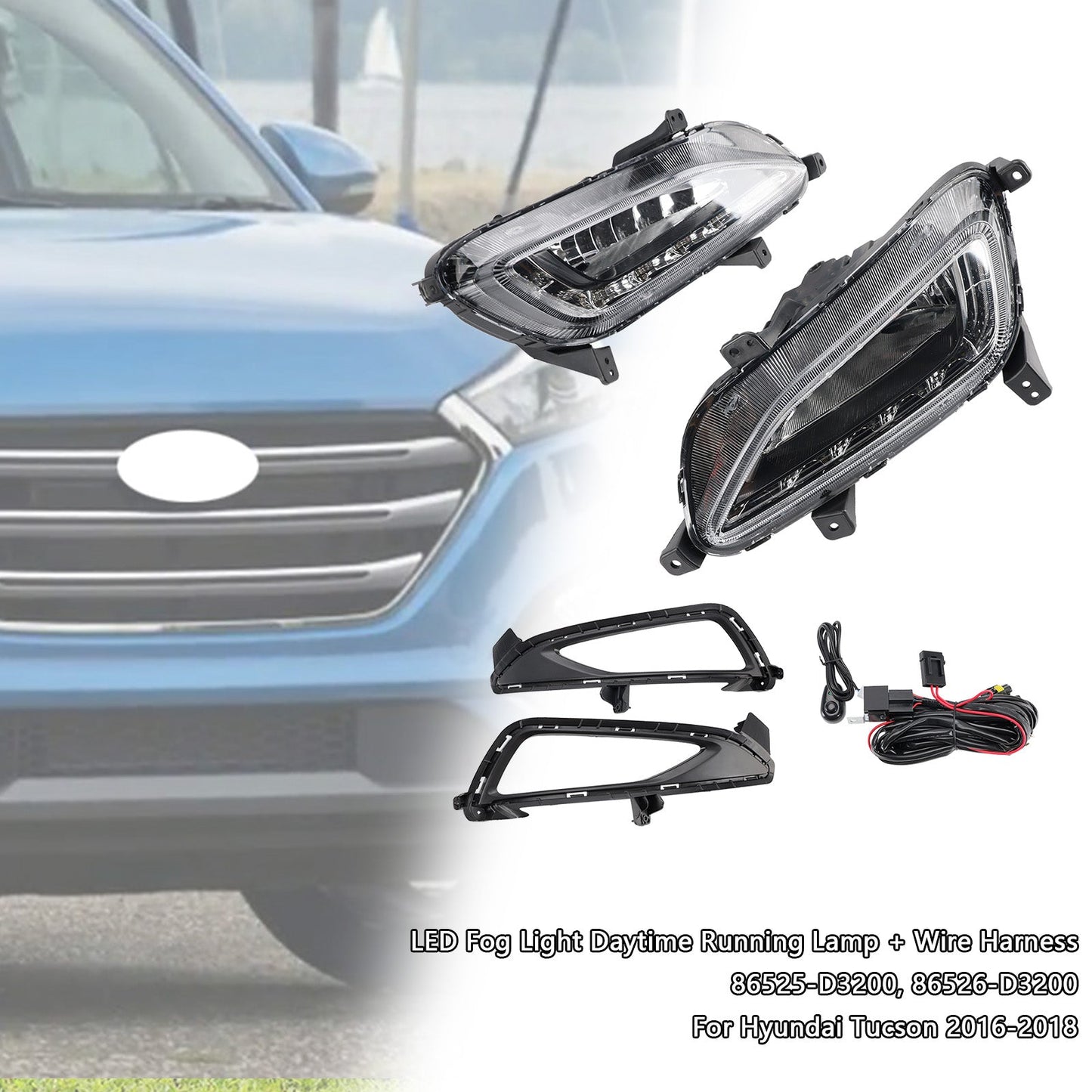 2016-2018 Hyundai Tucson LED Fog Light Daytime Running Lamp + Wire Harness