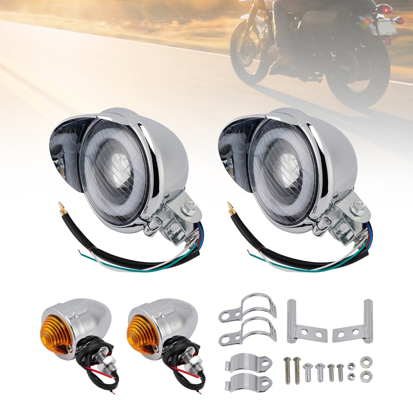 Motorcycle Beam Headlight Fog Lamp Custom Chrome Fits For Racer Bobber Chopper