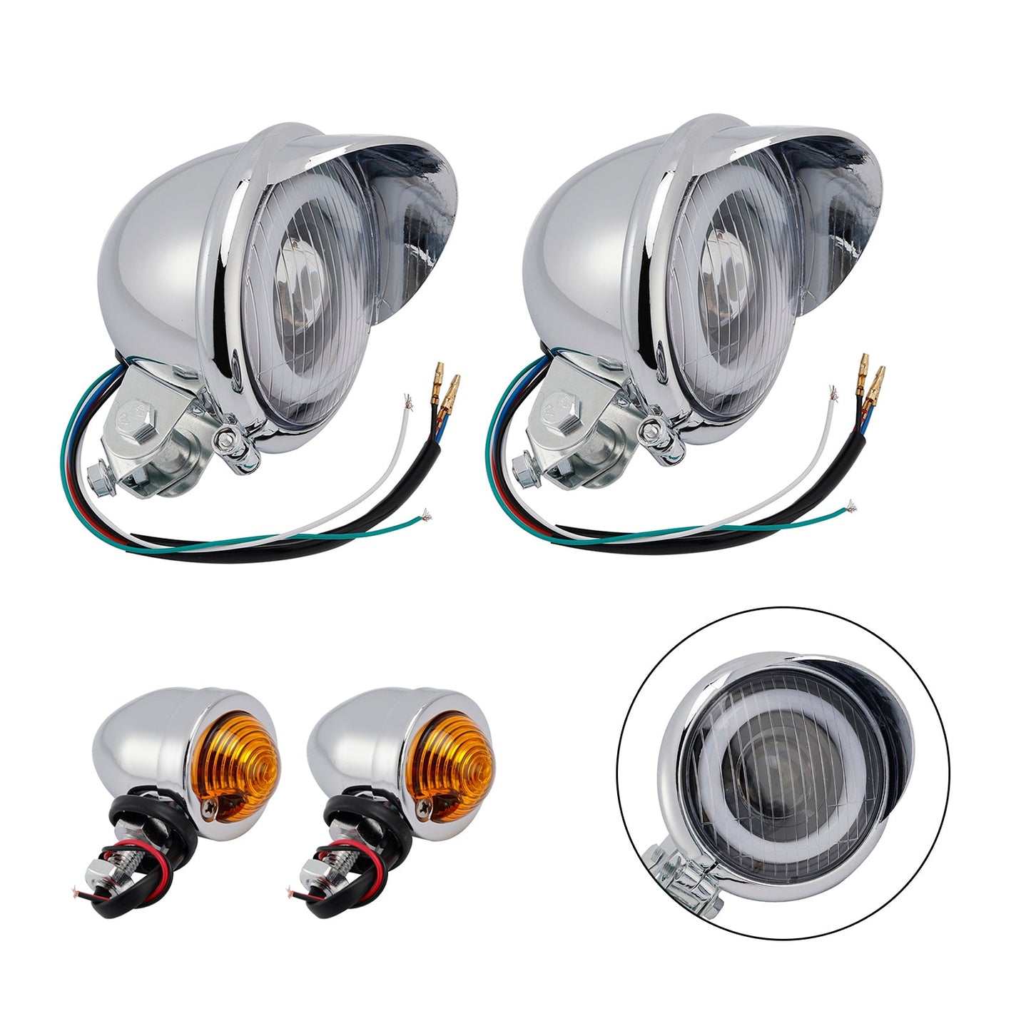 Motorcycle Beam Headlight Fog Lamp Custom Chrome Fits For Racer Bobber Chopper