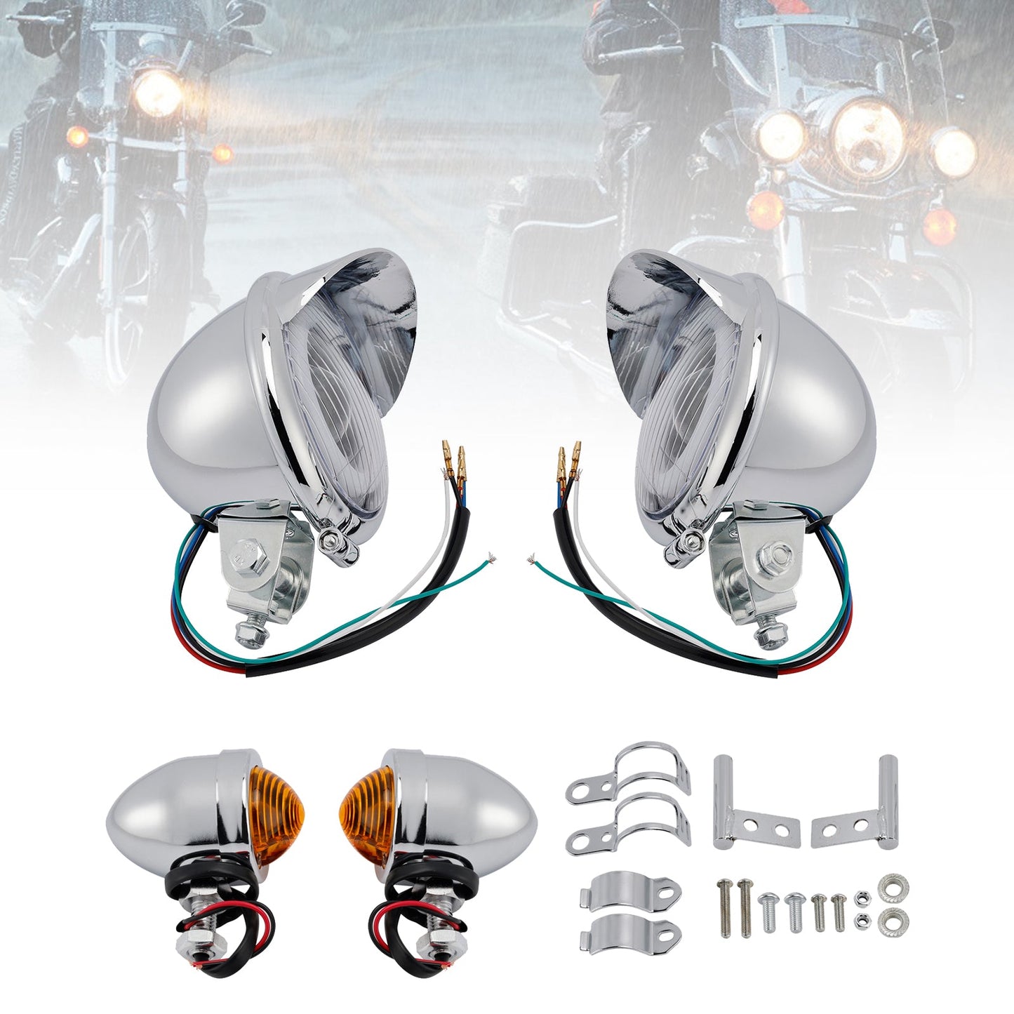 Motorcycle Beam Headlight Fog Lamp Custom Chrome Fits For Racer Bobber Chopper