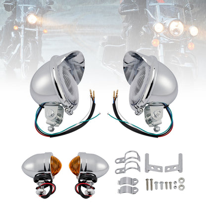 Motorcycle Beam Headlight Fog Lamp Custom Chrome Fits For Racer Bobber Chopper