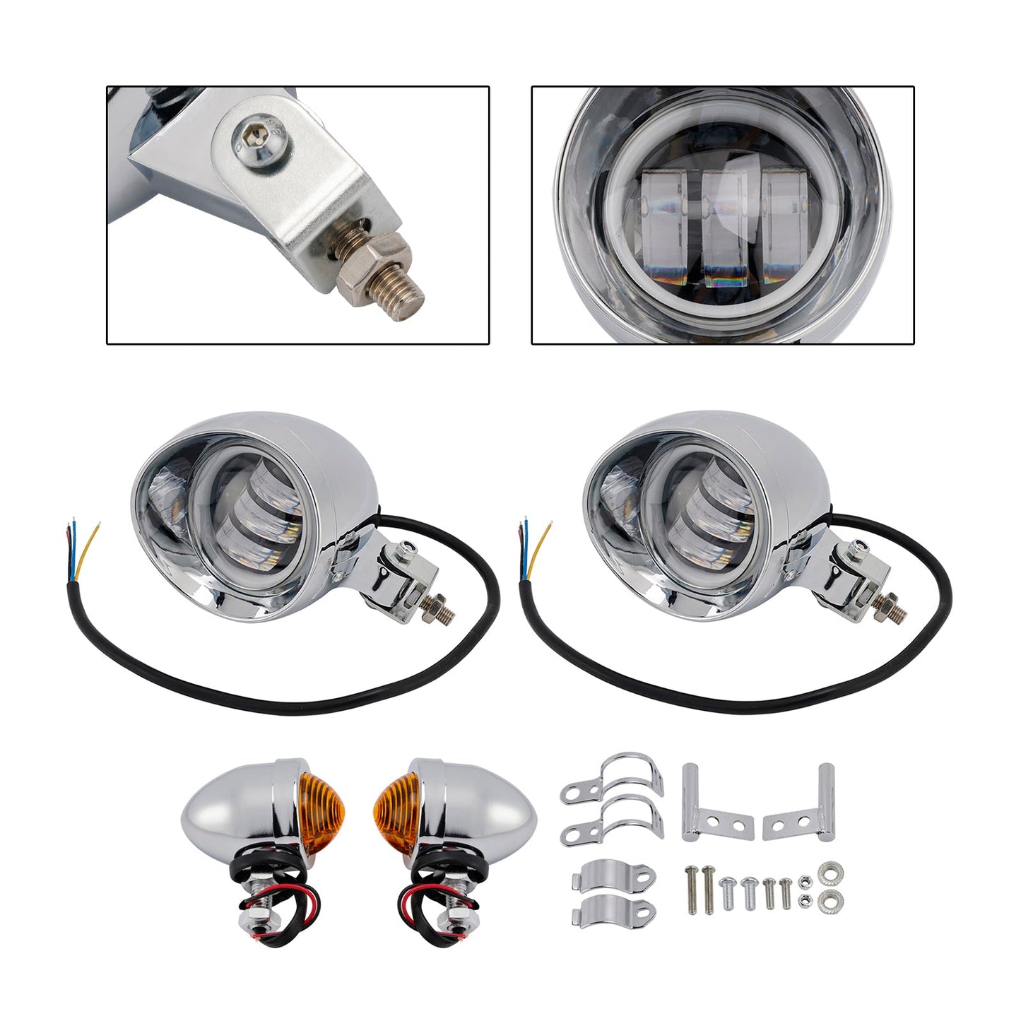 Motorcycle Beam Headlight Fog Lamp Custom Chrome Fits For Racer Bobber Chopper