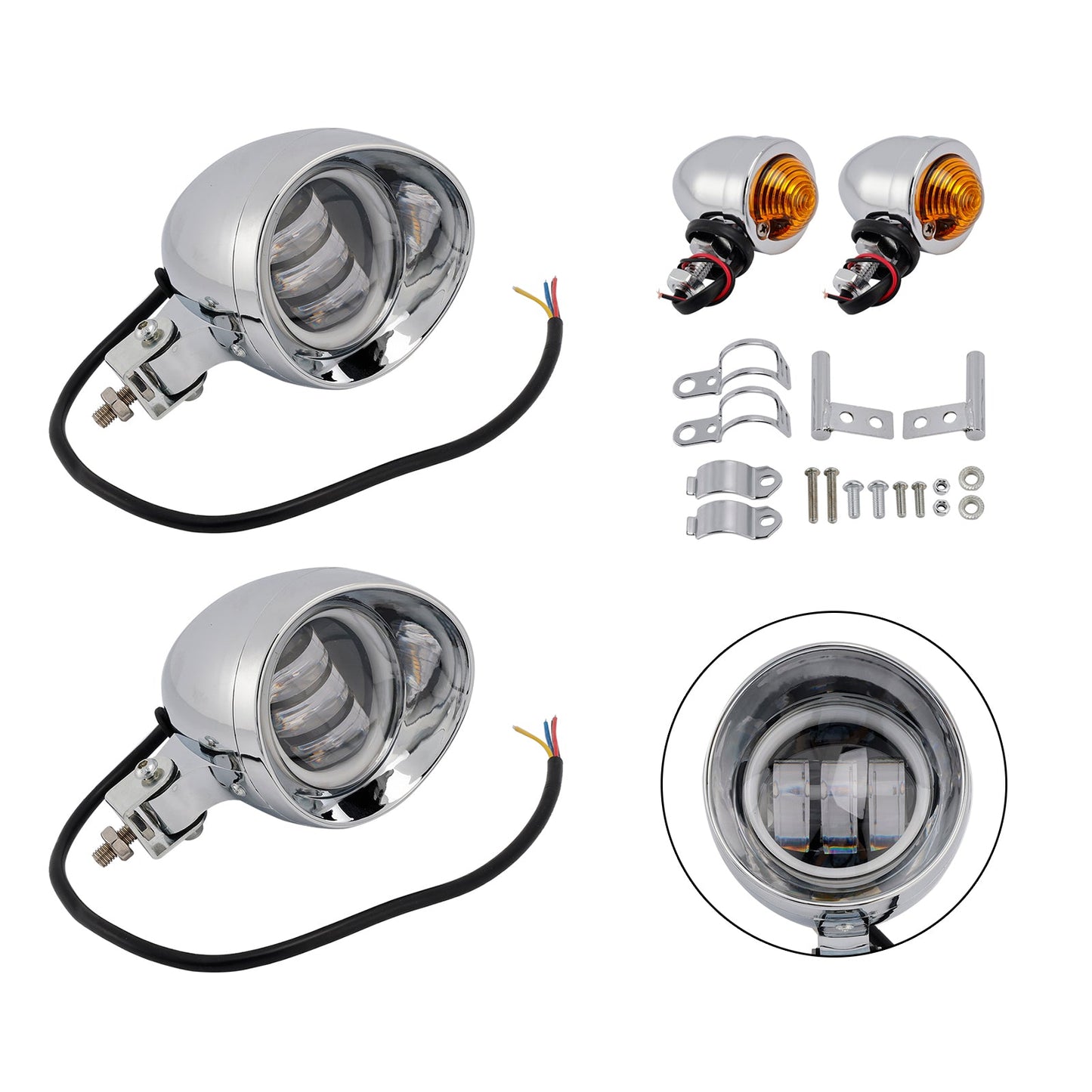 Motorcycle Beam Headlight Fog Lamp Custom Chrome Fits For Racer Bobber Chopper