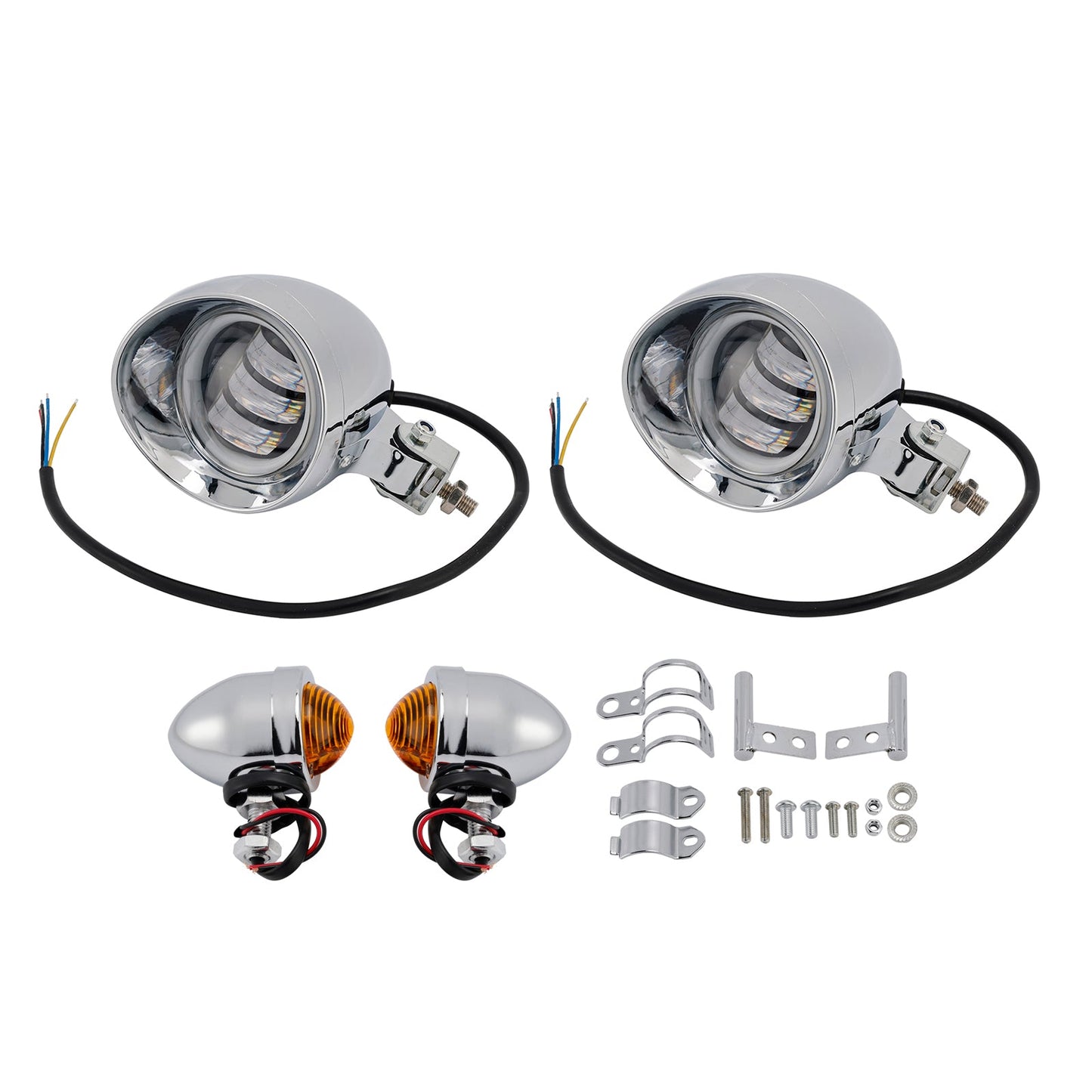 Motorcycle Beam Headlight Fog Lamp Custom Chrome Fits For Racer Bobber Chopper