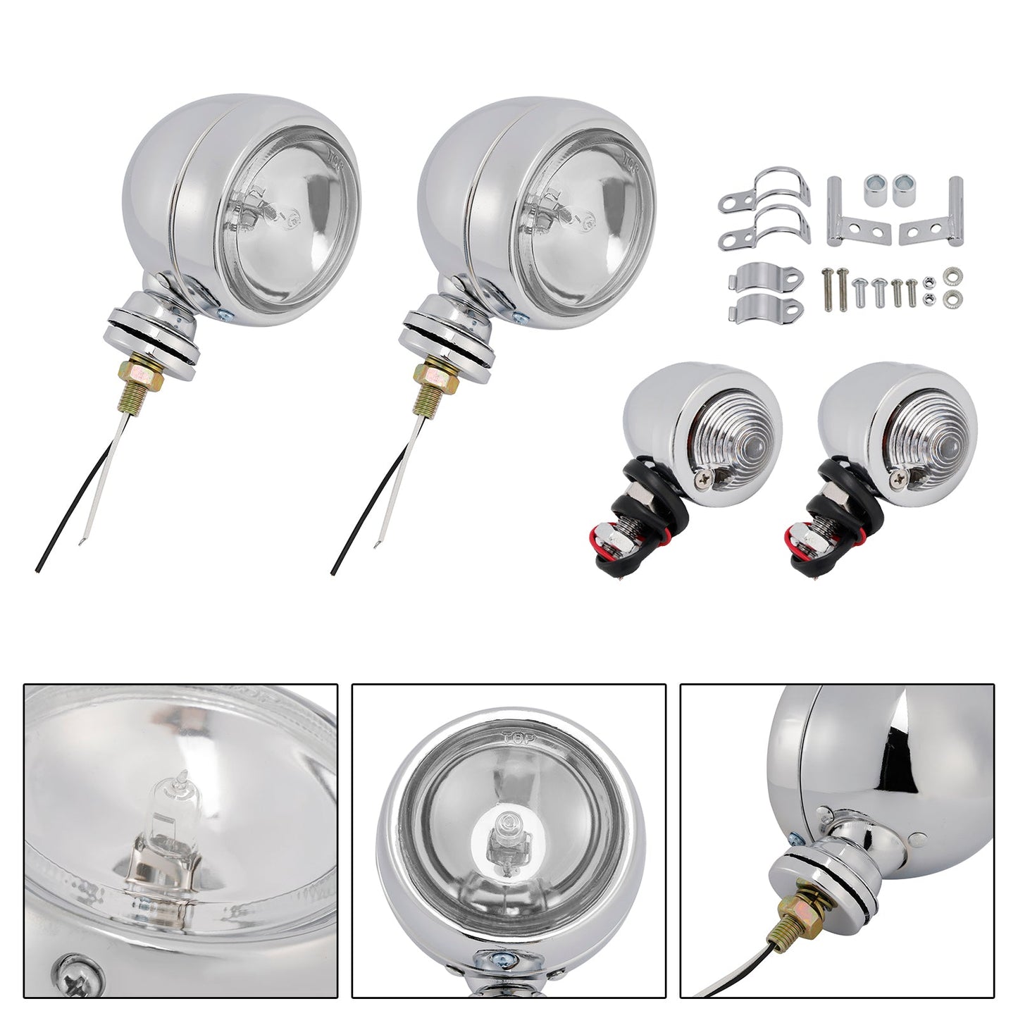 Motorcycle Beam Headlight Fog Lamp Custom Chrome Fits For Racer Bobber Chopper