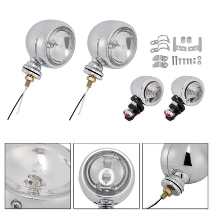 Motorcycle Beam Headlight Fog Lamp Custom Chrome Fits For Racer Bobber Chopper