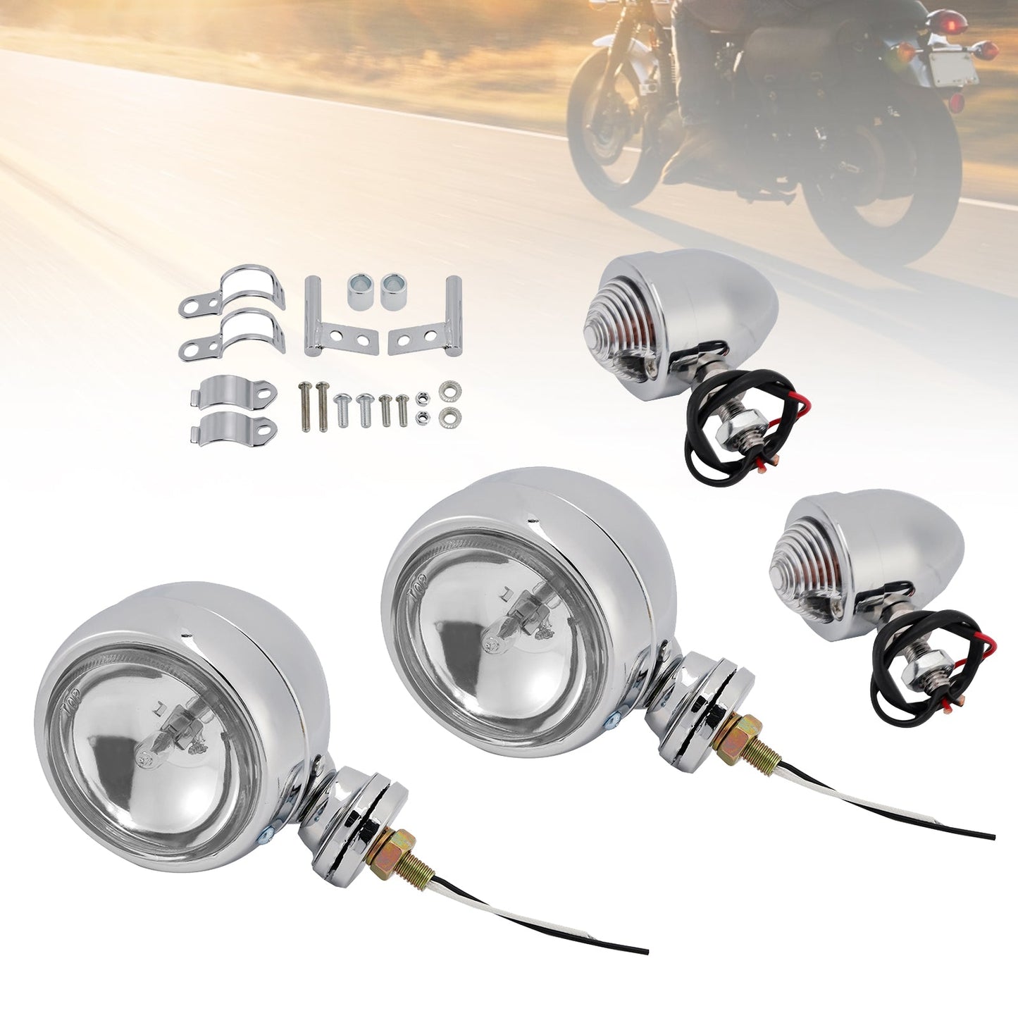 Motorcycle Beam Headlight Fog Lamp Custom Chrome Fits For Racer Bobber Chopper