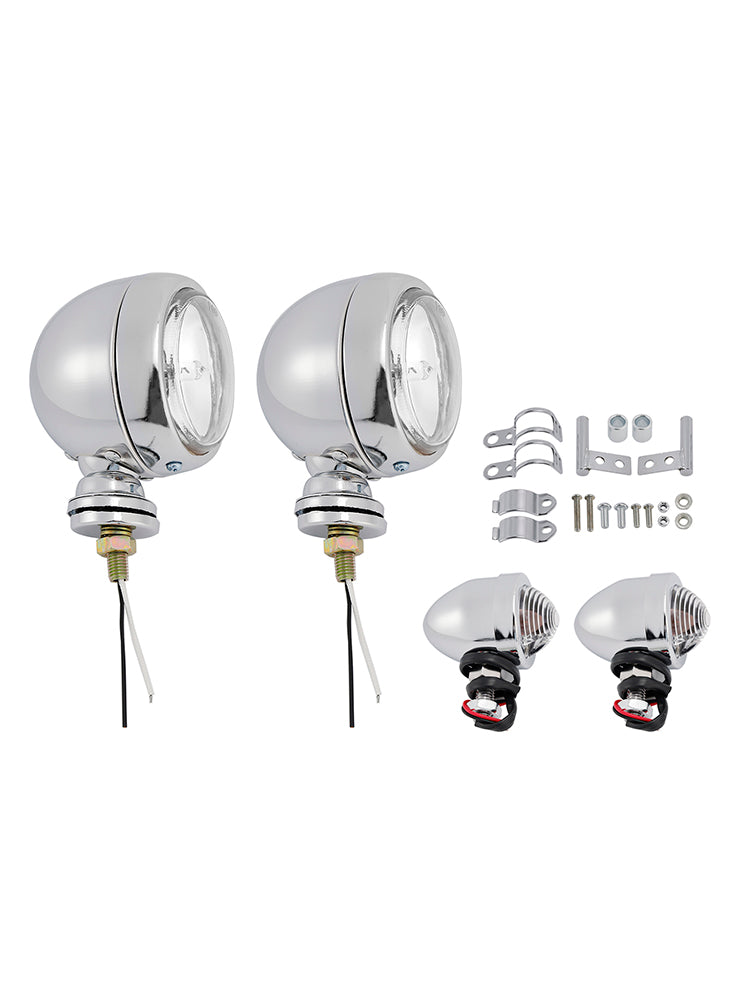 Motorcycle Beam Headlight Fog Lamp Custom Chrome Fits For Racer Bobber Chopper