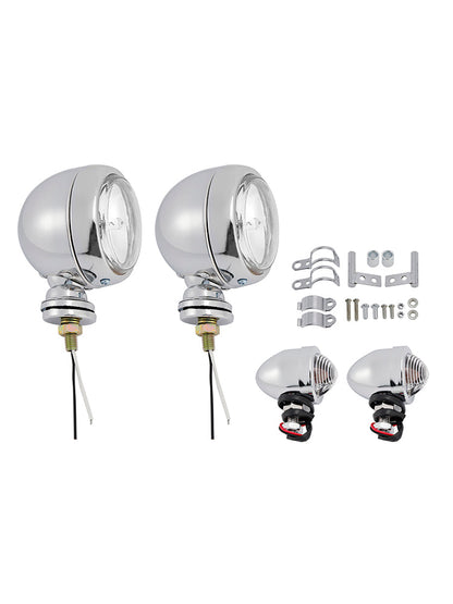 Motorcycle Beam Headlight Fog Lamp Custom Chrome Fits For Racer Bobber Chopper