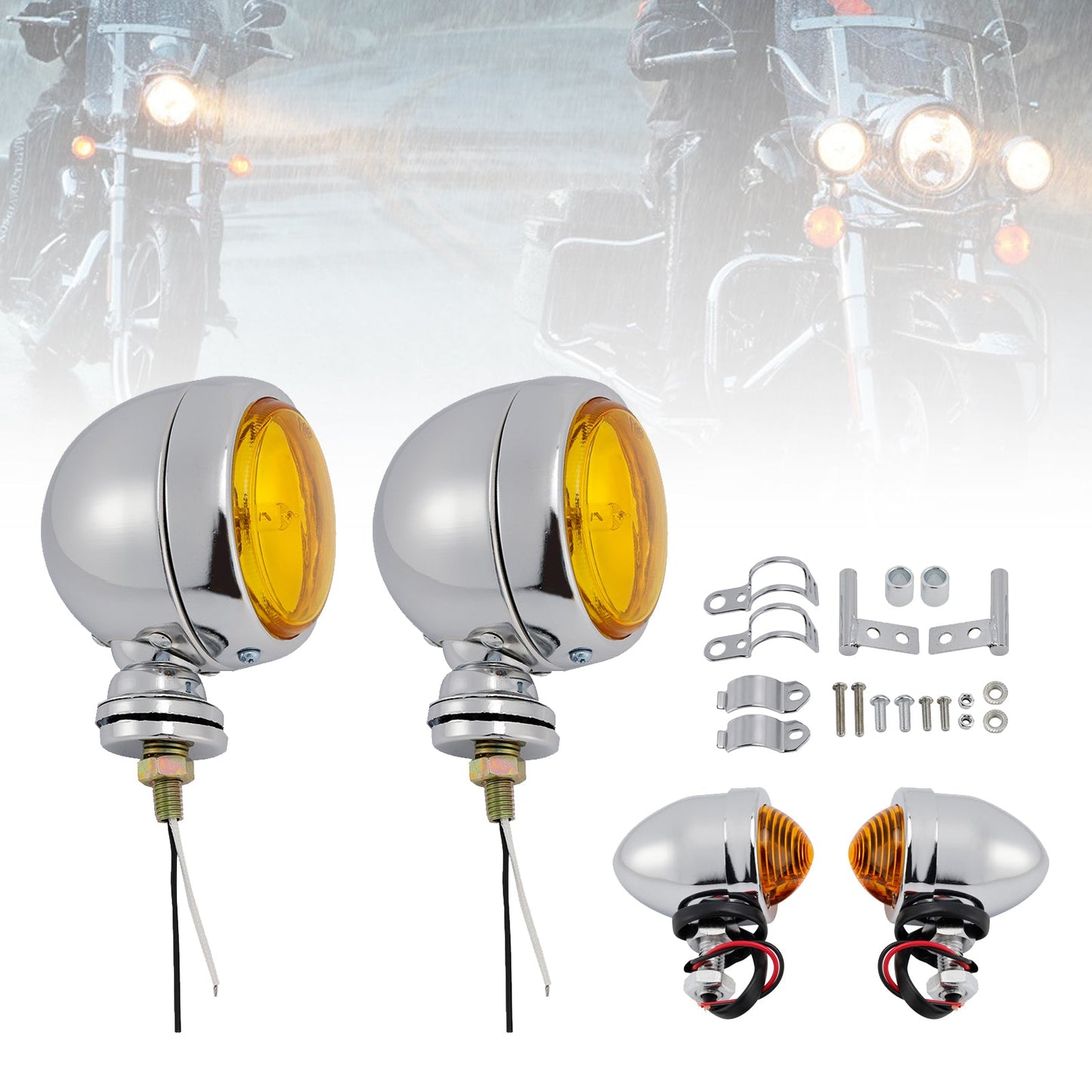 Motorcycle Beam Headlight Fog Lamp Custom Chrome Fits For Racer Bobber Chopper