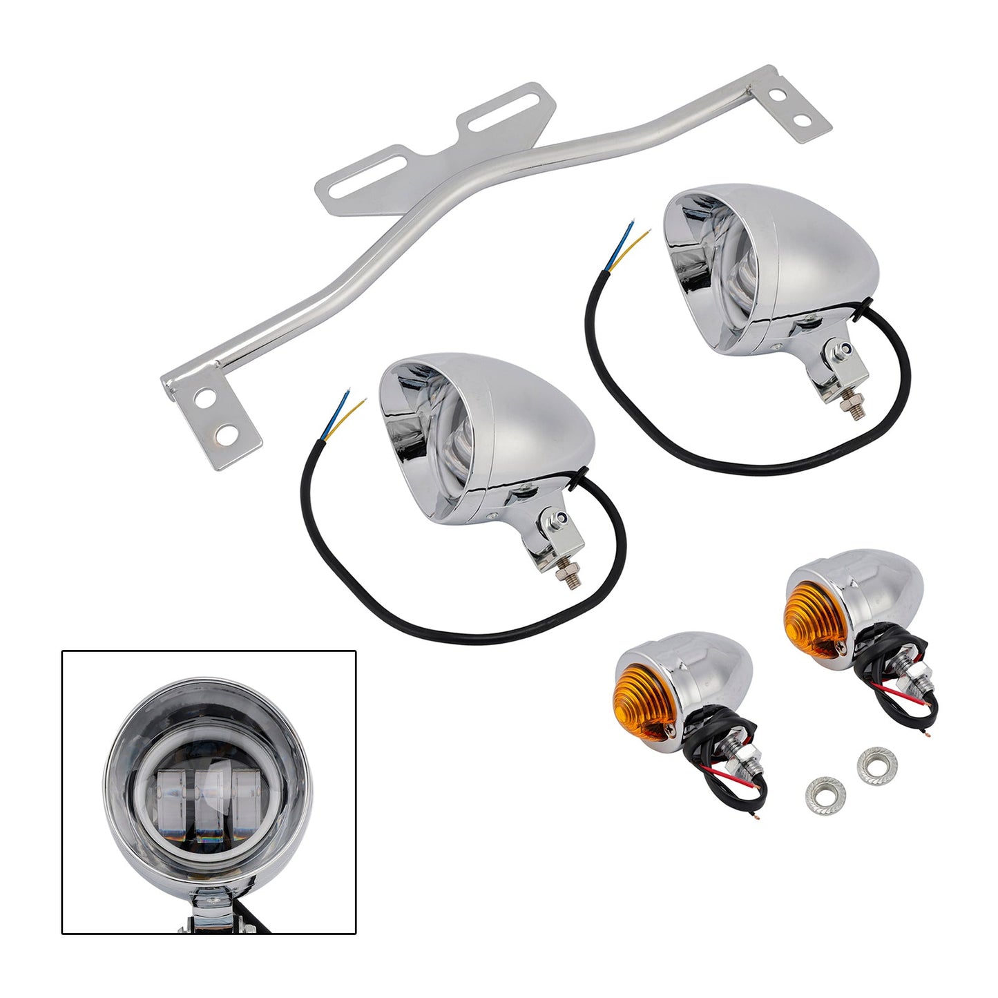 Motorcycle Beam Headlight Fog Lamp Custom Chrome Fits For Racer Bobber Chopper