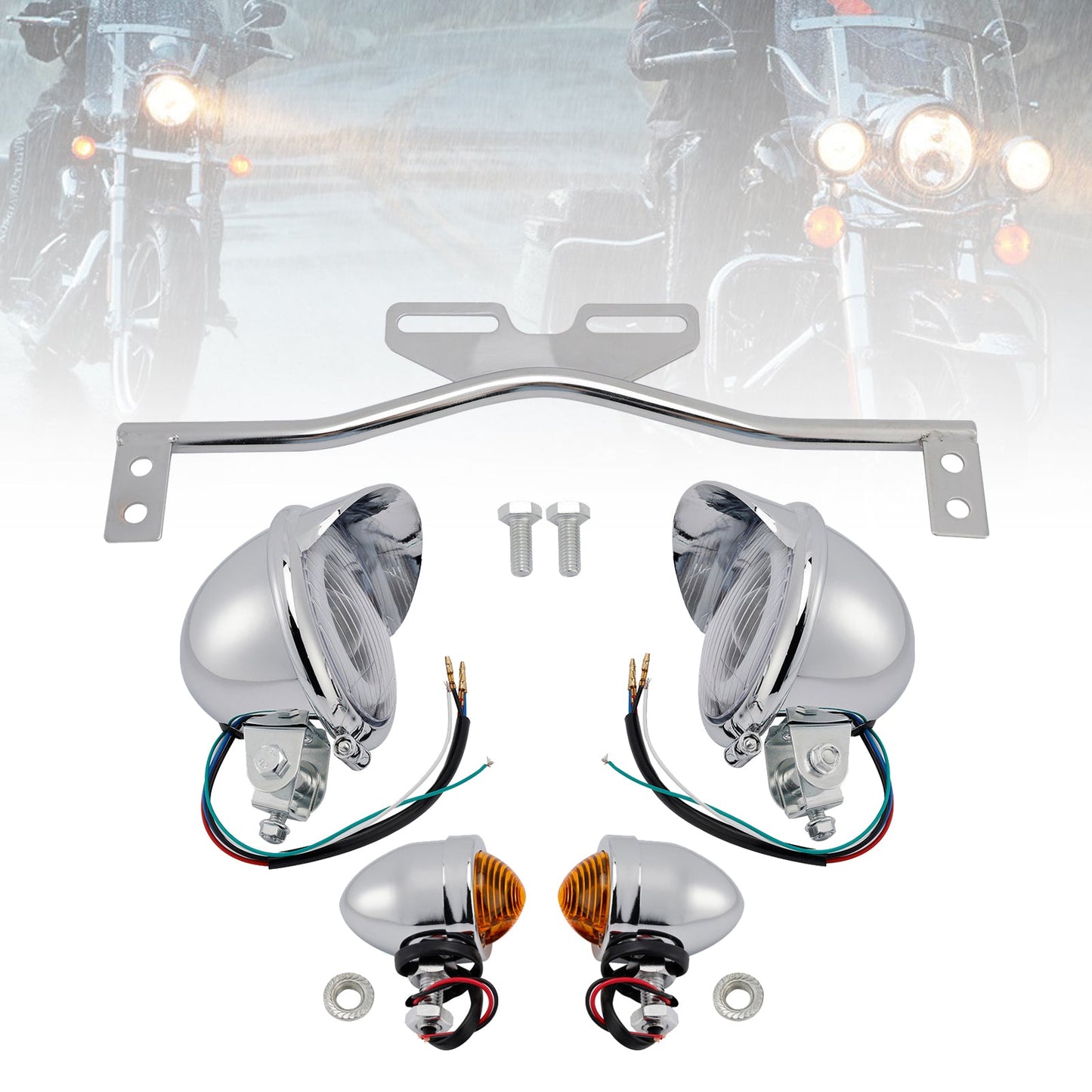 Motorcycle Beam Headlight Fog Lamp Custom Chrome Fits For Racer Bobber Chopper