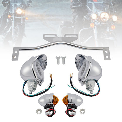 Motorcycle Beam Headlight Fog Lamp Custom Chrome Fits For Racer Bobber Chopper