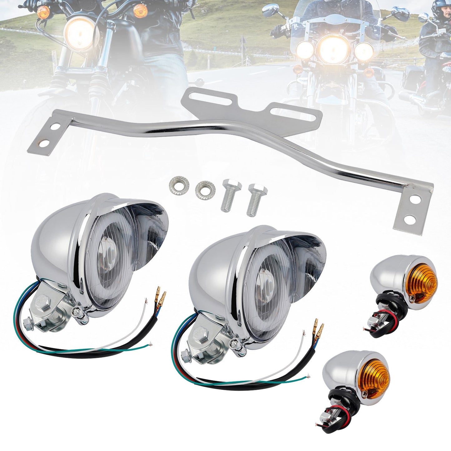 Motorcycle Beam Headlight Fog Lamp Custom Chrome Fits For Racer Bobber Chopper