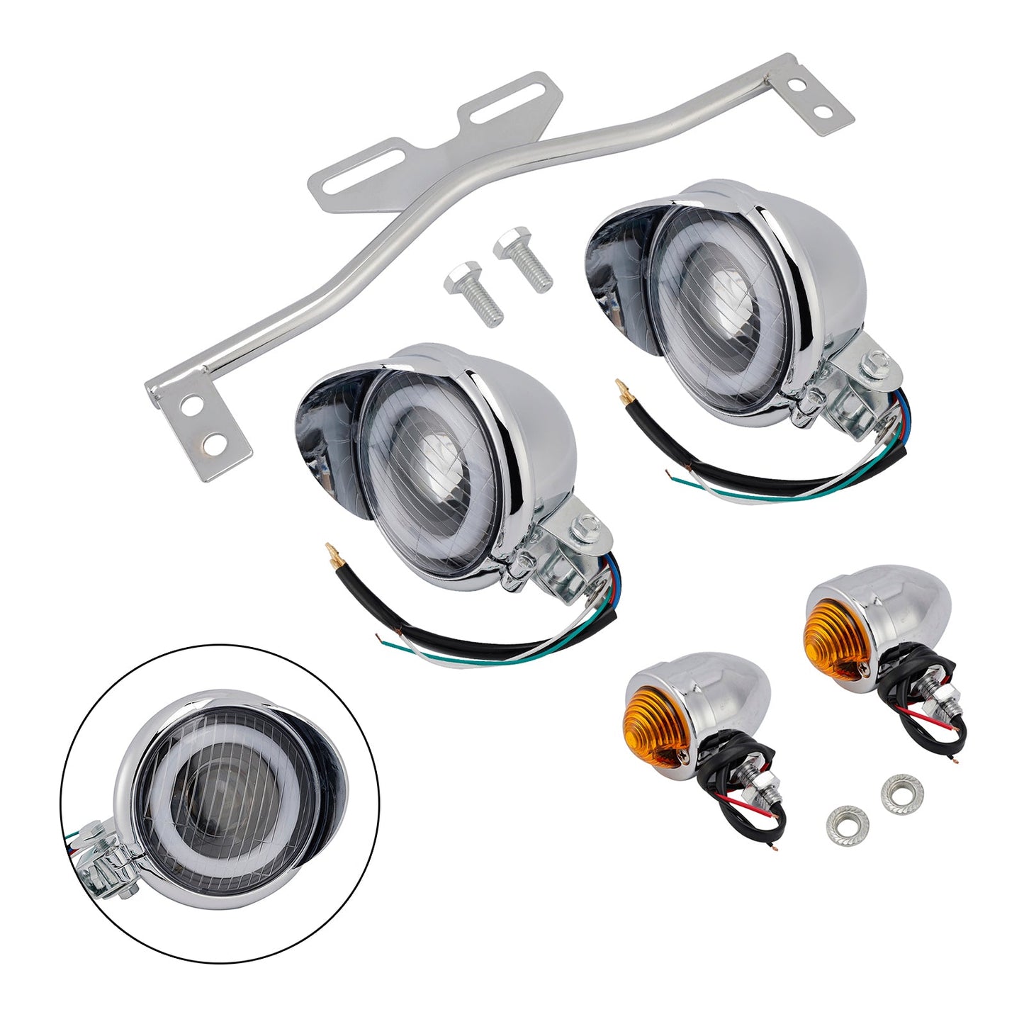 Motorcycle Beam Headlight Fog Lamp Custom Chrome Fits For Racer Bobber Chopper