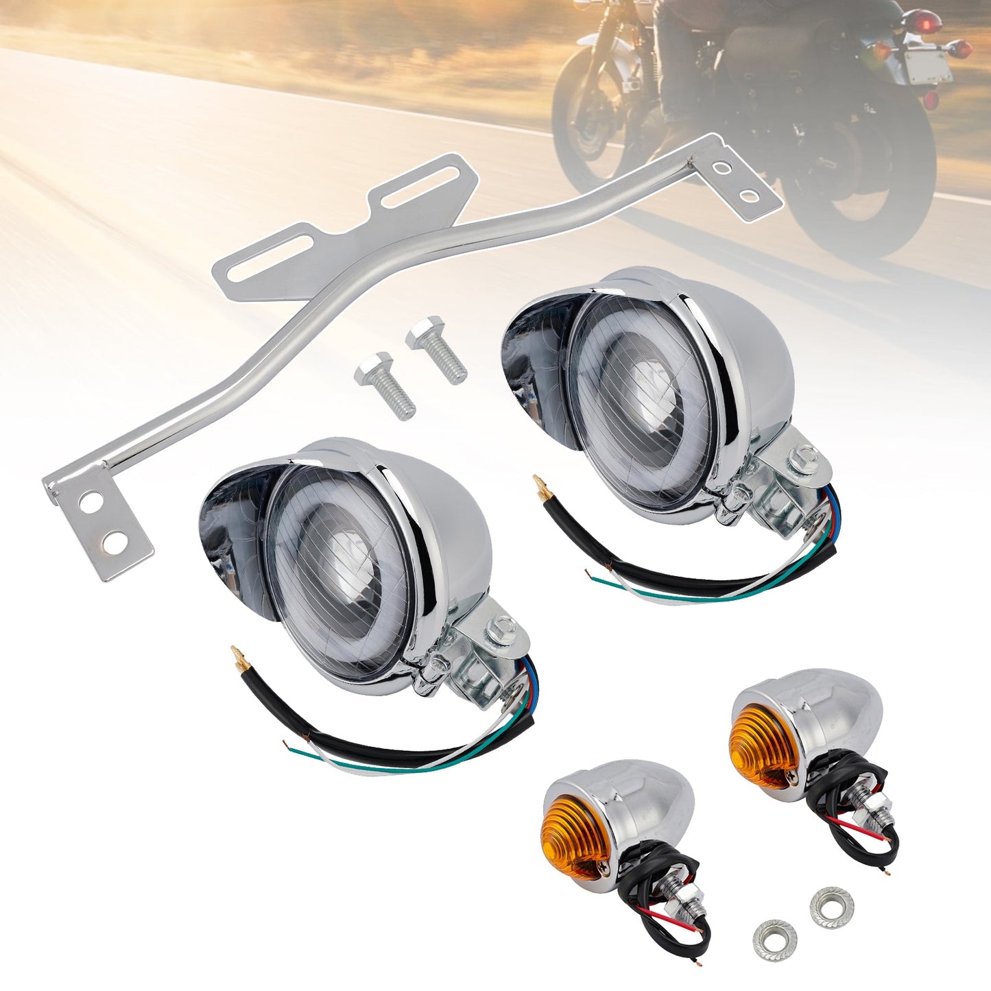 Motorcycle Beam Headlight Fog Lamp Custom Chrome Fits For Racer Bobber Chopper