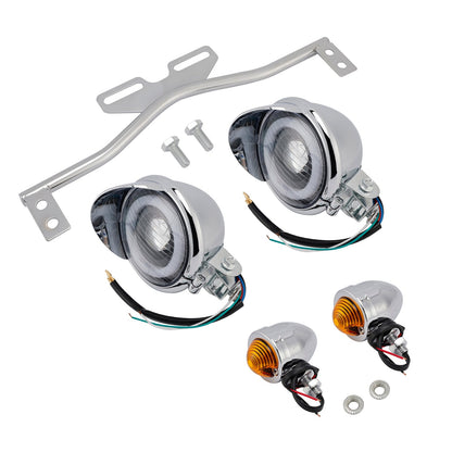 Motorcycle Beam Headlight Fog Lamp Custom Chrome Fits For Racer Bobber Chopper