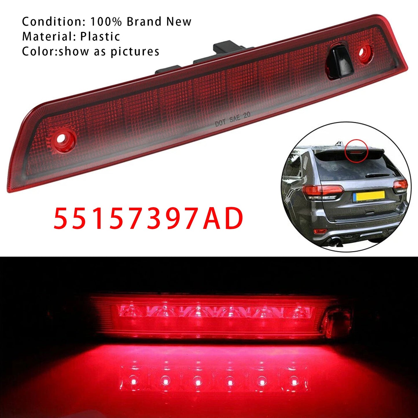 2005-2010 Jeep Grand Cherokee Red LED Third 3rd Brake Light 55157397AD