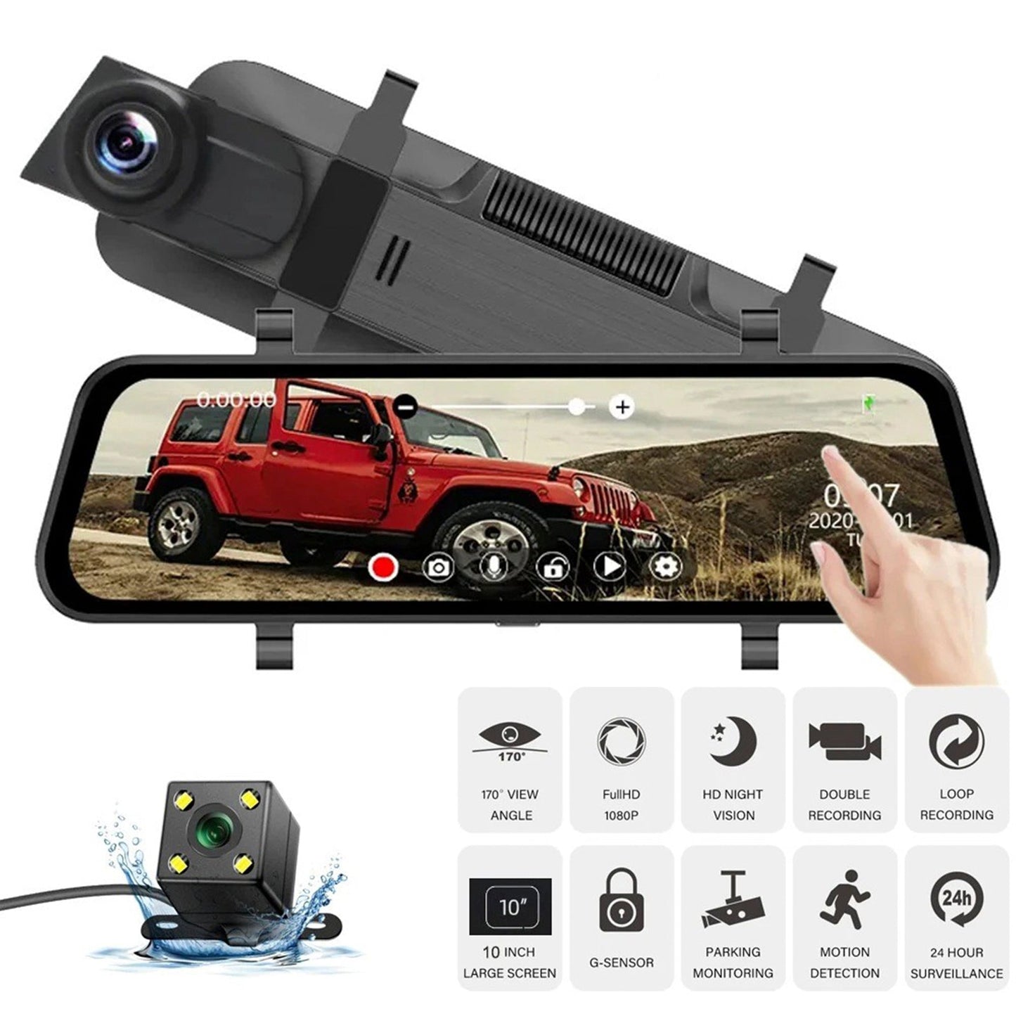 Espejo retrovisor de 10 pulgadas con pantalla completa HD 1080P, transmisión multimedia, grabadora de conducción, lente dual con imagen de marcha atrás