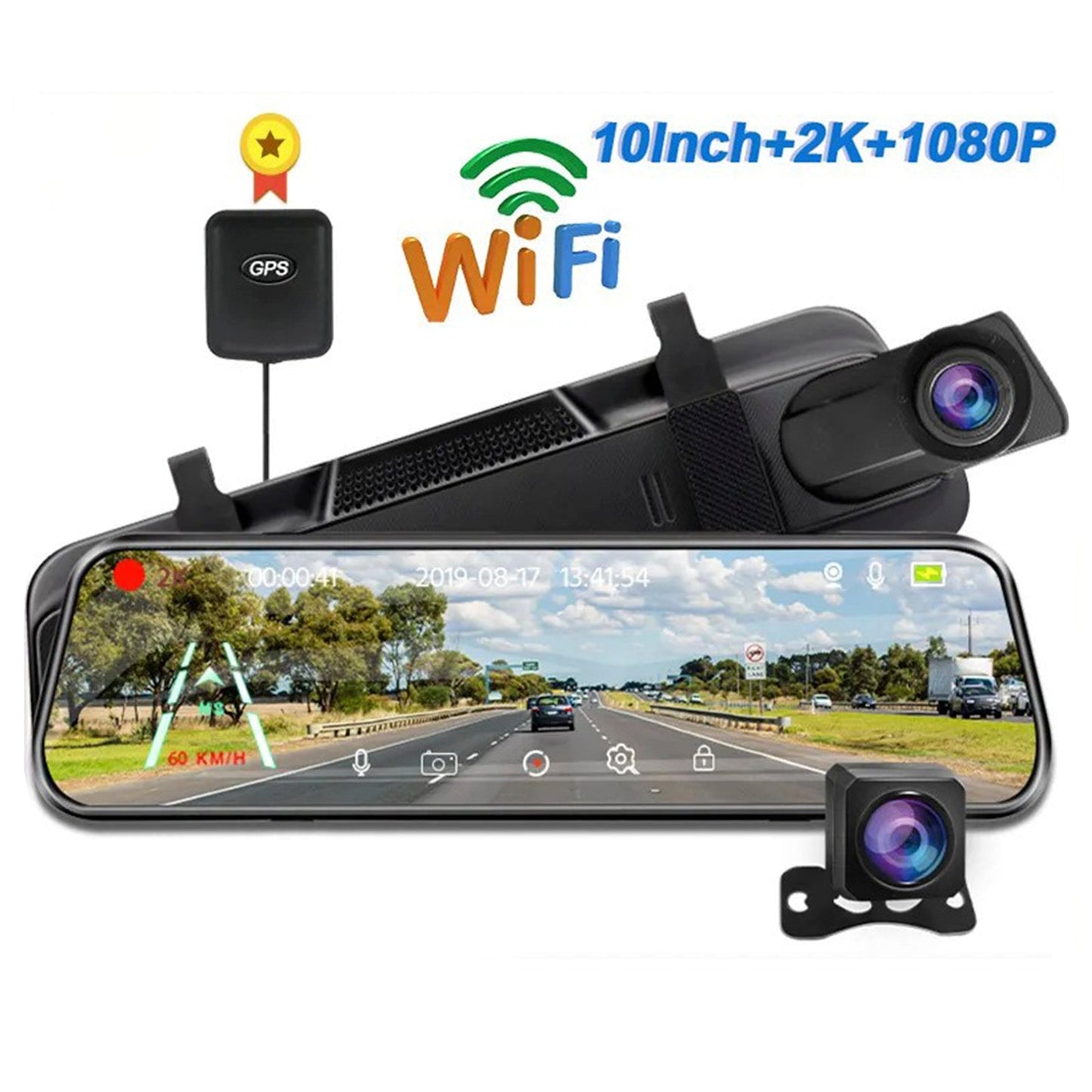 Espejo retrovisor de 10 pulgadas con pantalla completa HD 1080P, transmisión multimedia, grabadora de conducción, lente dual con imagen de marcha atrás