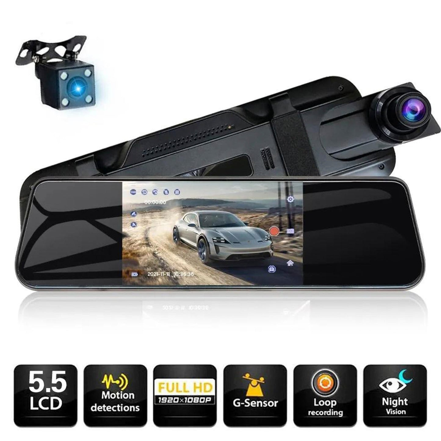 Espejo retrovisor de 10 pulgadas con pantalla completa HD 1080P, transmisión multimedia, grabadora de conducción, lente dual con imagen de marcha atrás