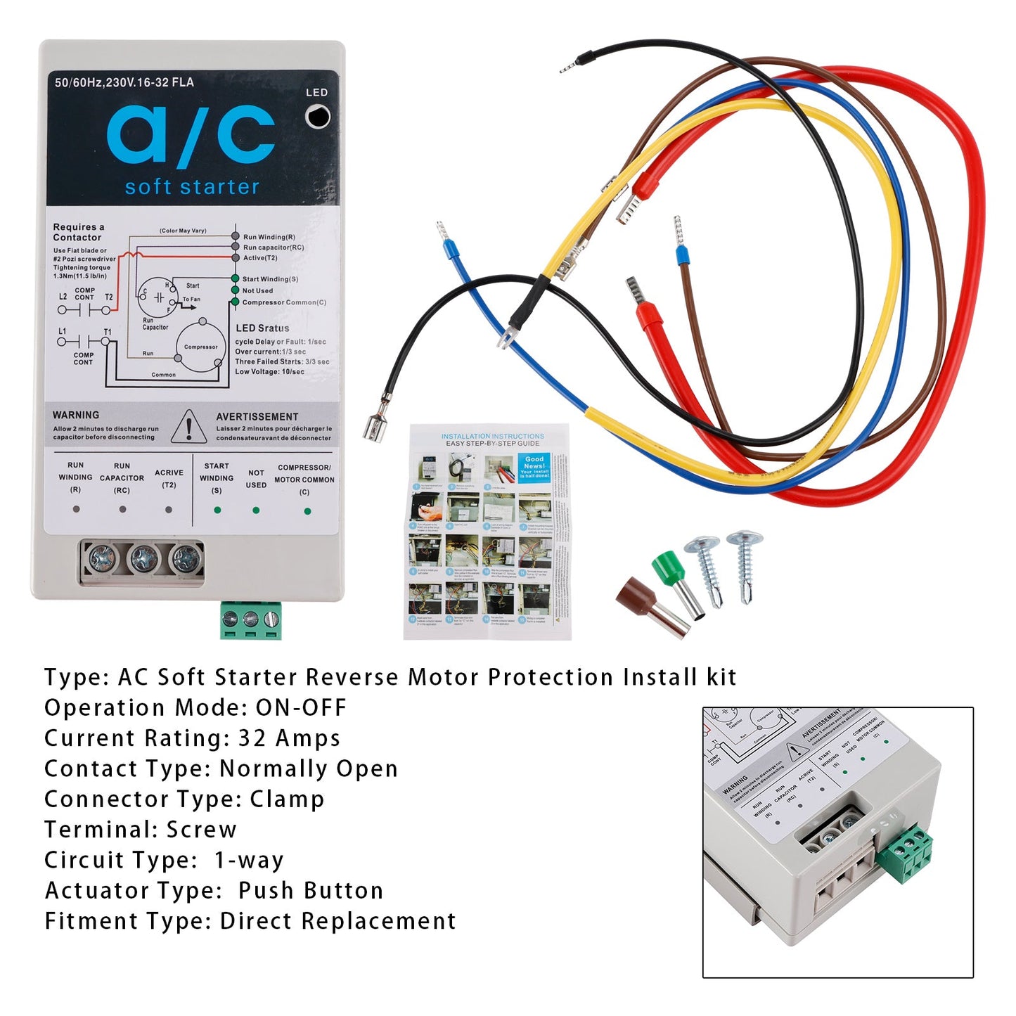 AC Soft Starter Reverse Motor Protection Easy DIY Install kit Fits Inside AC Compact Surge Protector & Motor Saver Ideal For HVAC Generators & Utility Power