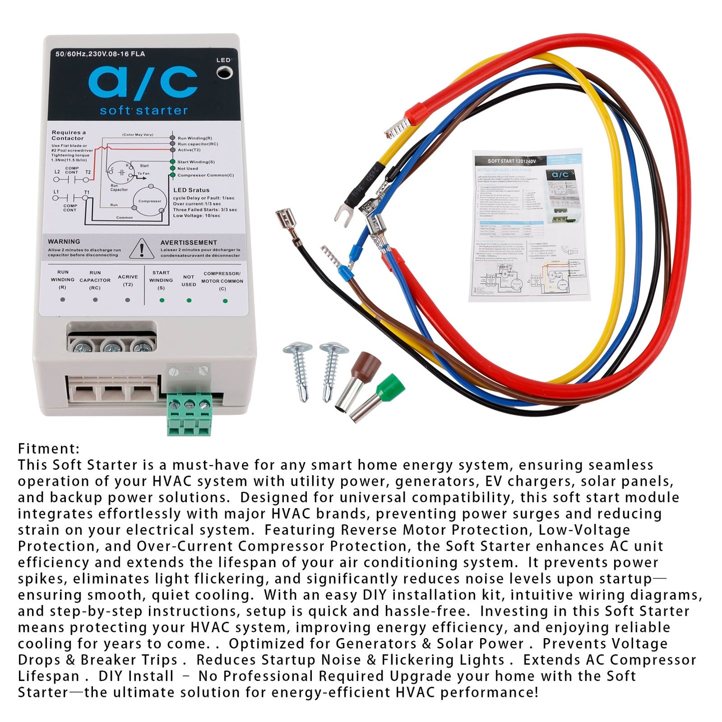 Módulo de arranque suave de 8 a 16 A para unidades de aire acondicionado de 1,75 a 3,5 toneladas. Protección contra reversa del motor. Fácil instalación.