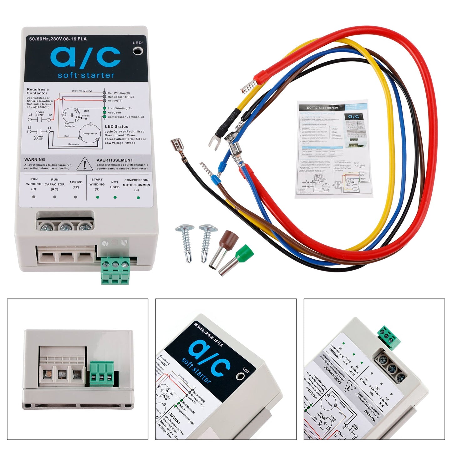 Módulo de arranque suave de 8 a 16 A para unidades de aire acondicionado de 1,75 a 3,5 toneladas. Protección contra reversa del motor. Fácil instalación.