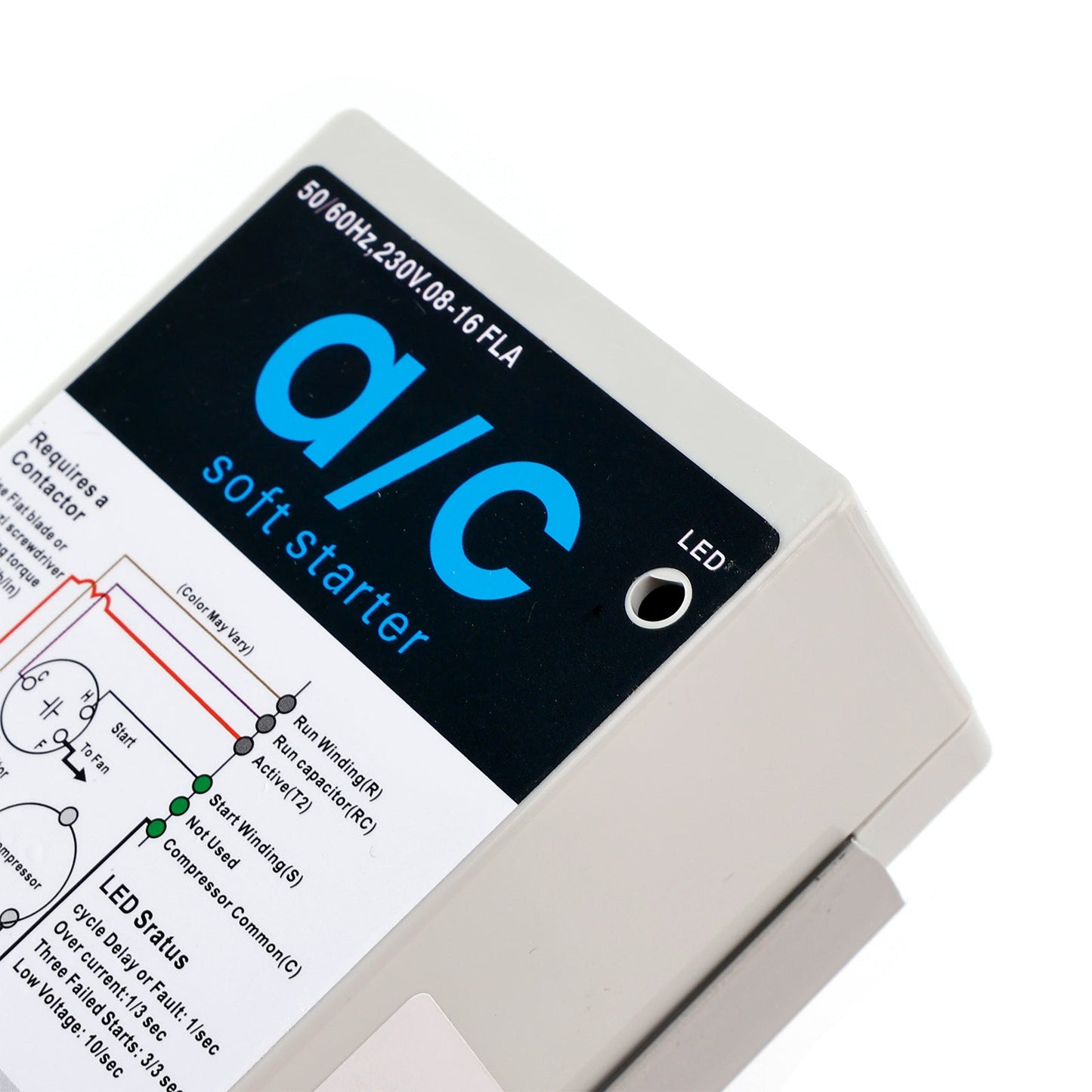 Módulo de arranque suave de 8 a 16 A para unidades de aire acondicionado de 1,75 a 3,5 toneladas. Protección contra reversa del motor. Fácil instalación.