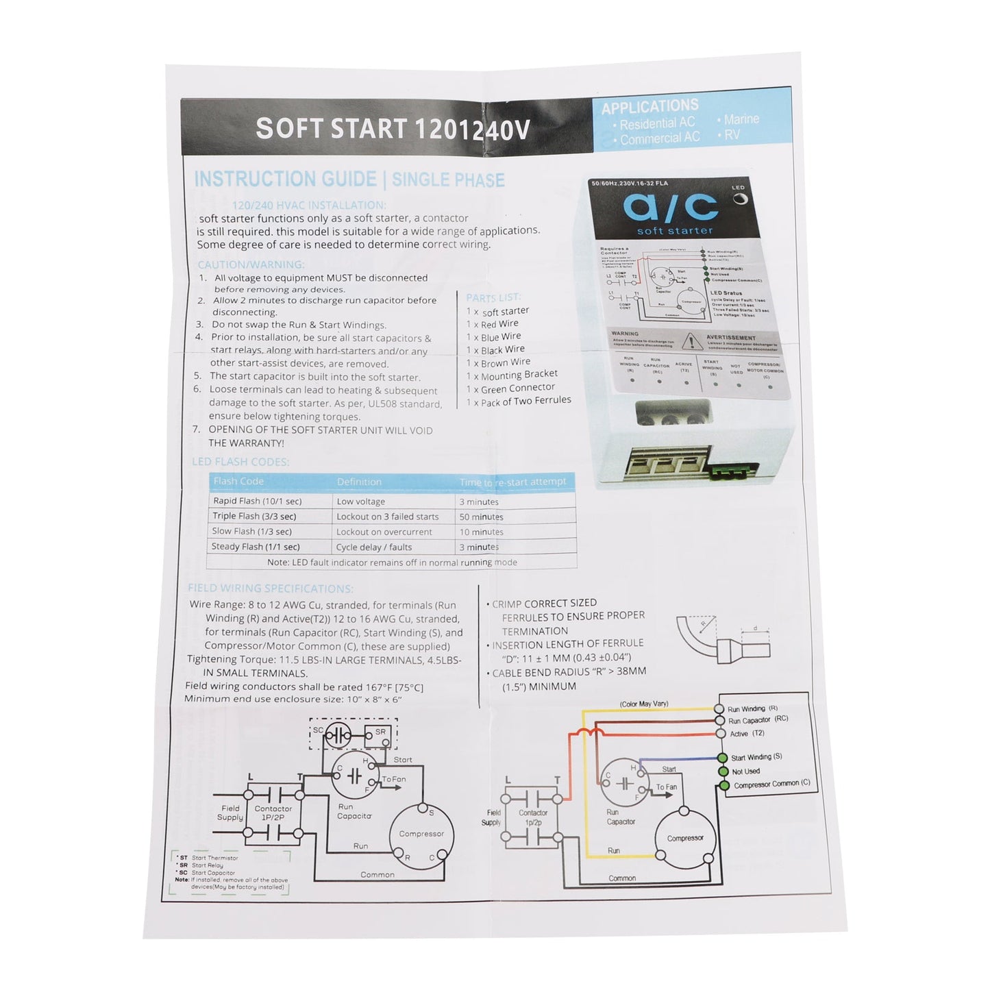 Módulo de arranque suave de 8 a 16 A para unidades de aire acondicionado de 1,75 a 3,5 toneladas. Protección contra reversa del motor. Fácil instalación.