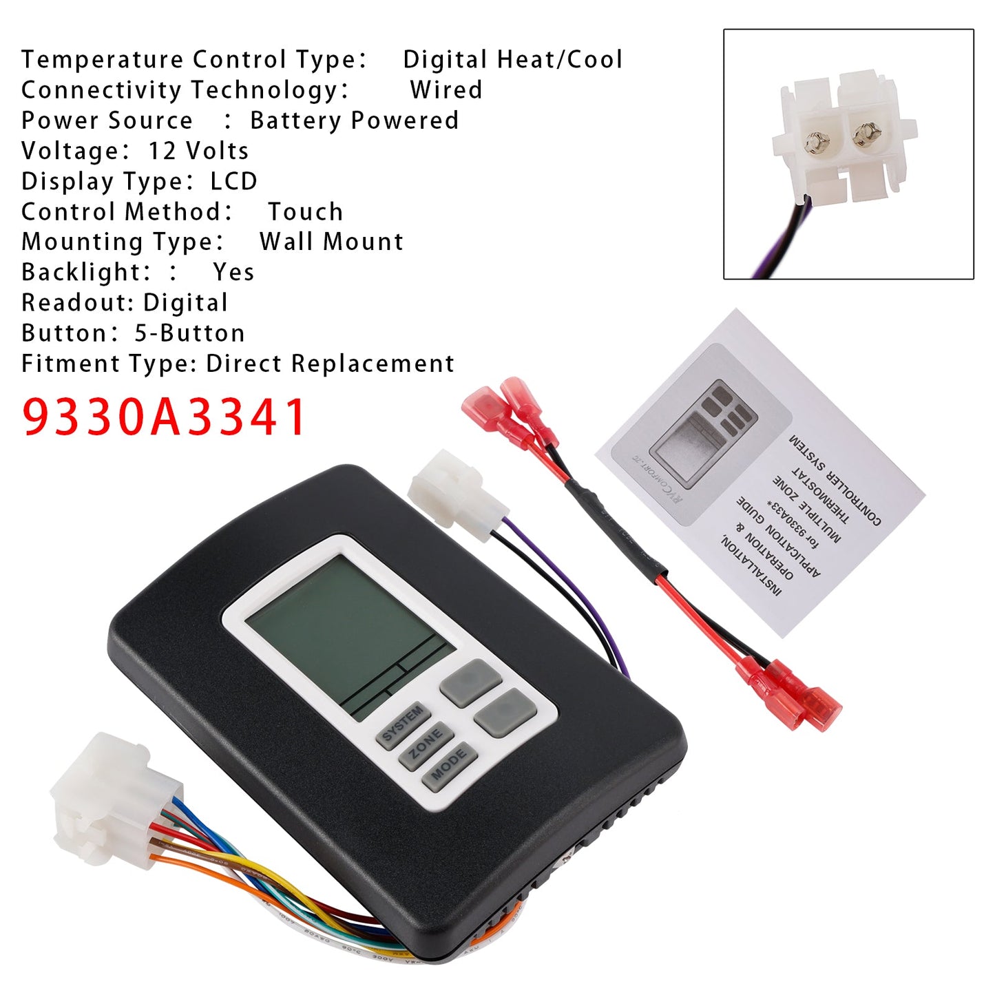 RV 9330A3341 9-Series Digital Zone Thermostat 12V Black