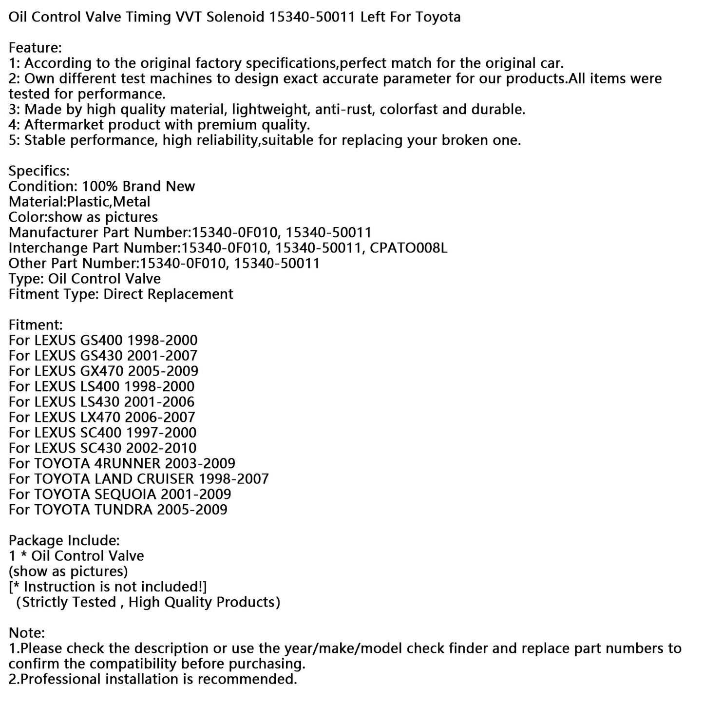 Toyota 15340-50011 Left Oil Control Valve Timing VVT Solenoid
