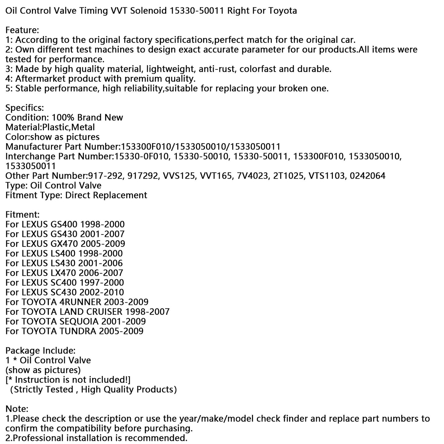 Toyota 15330-50011 Right Oil Control Valve Timing VVT Solenoid
