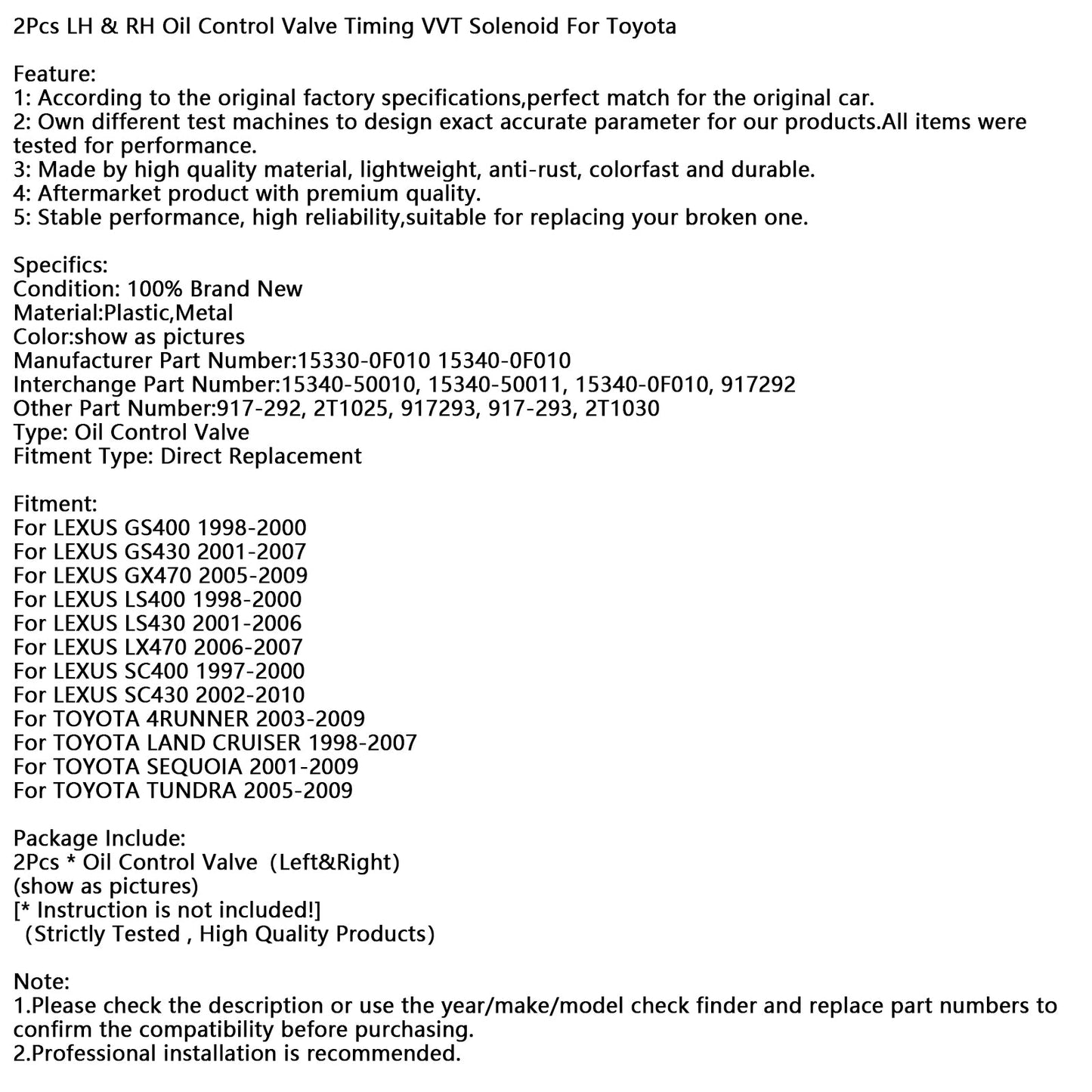 Toyota LH & RH 15330-0F010 15340-0F010 Oil Control Valve Timing VVT Solenoid For Toyota