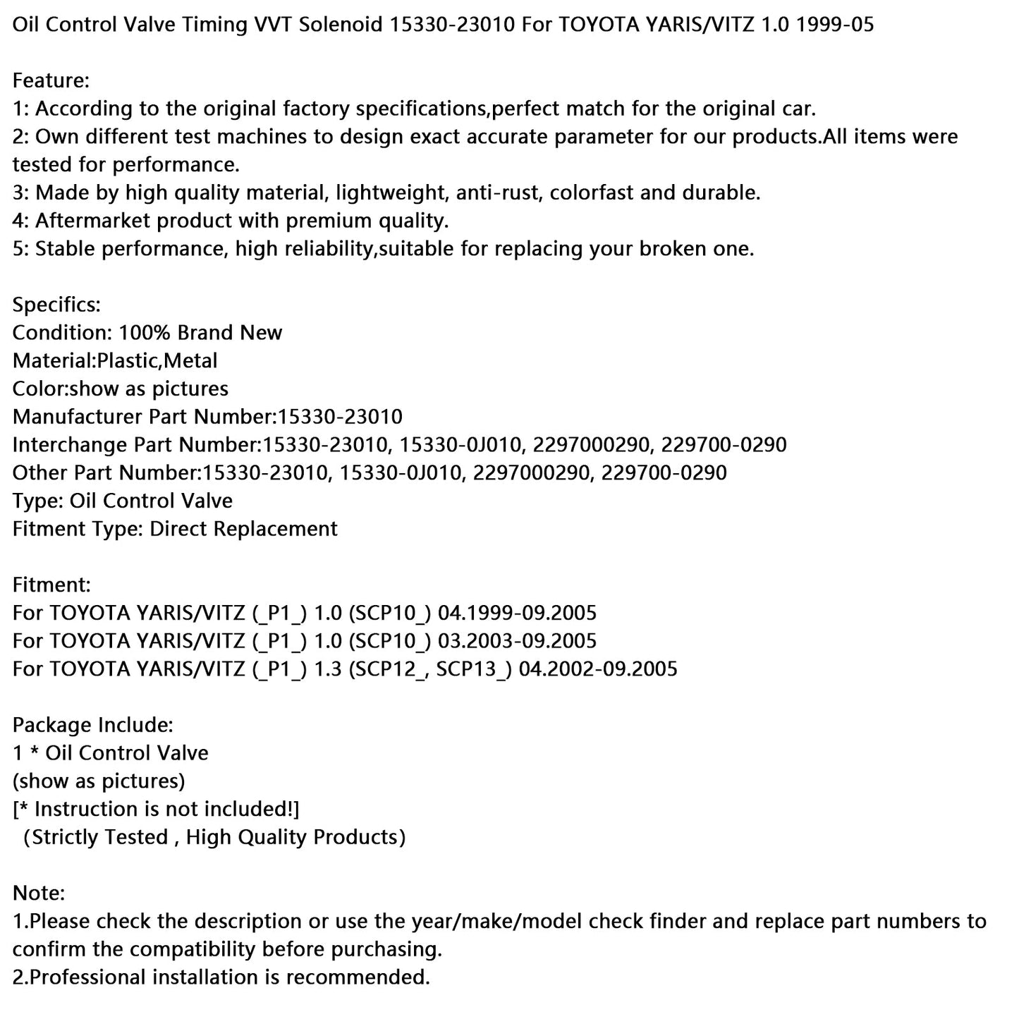 Toyota YARIS/VITZ 1.0 1999-2005 Oil Control Valve Timing VVT Solenoid 15330-23010 2297000290