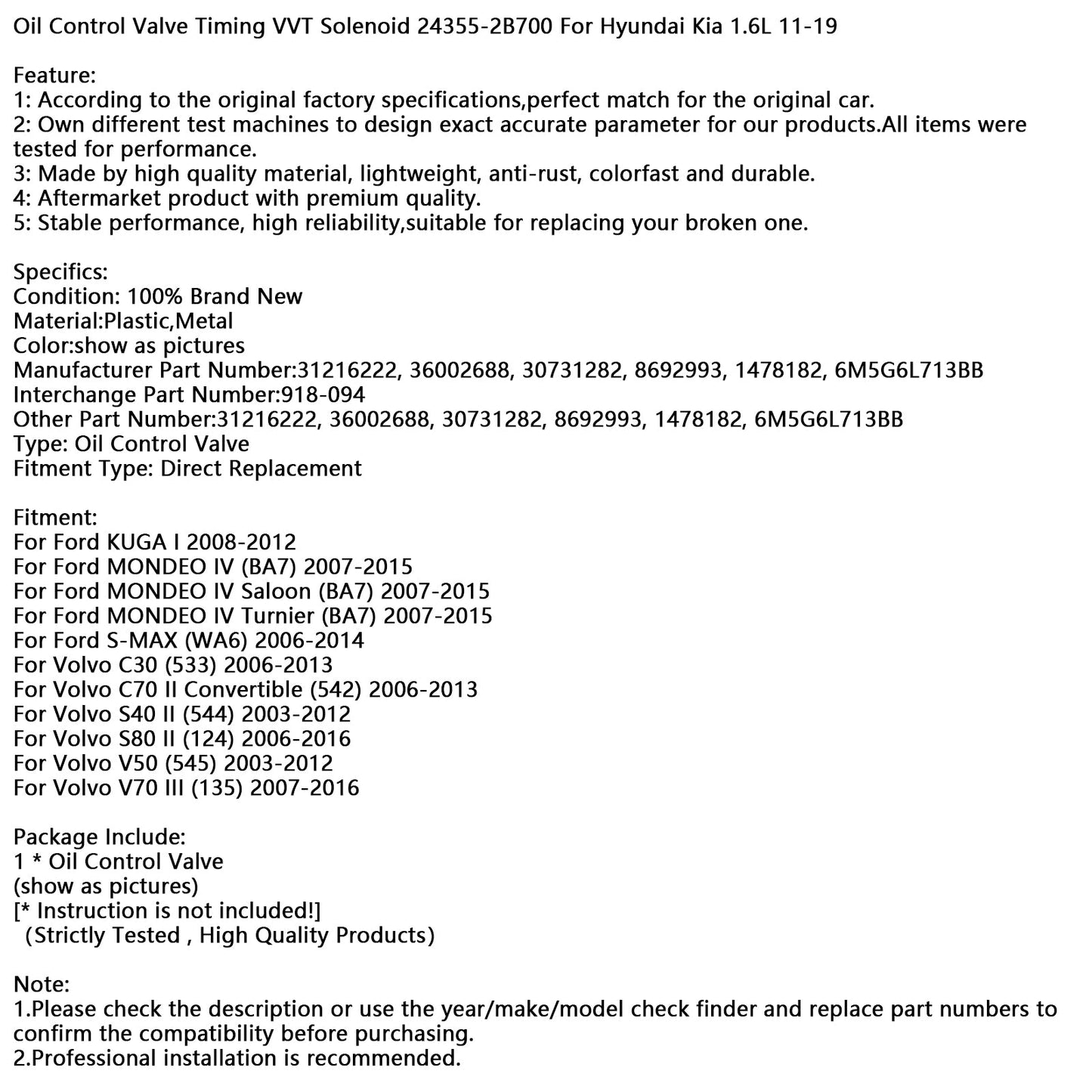 Volvo C30 C70 S40 V60 V70 V50 Oil Control Valve Timing VVT Solenoid 36002688 31216222
