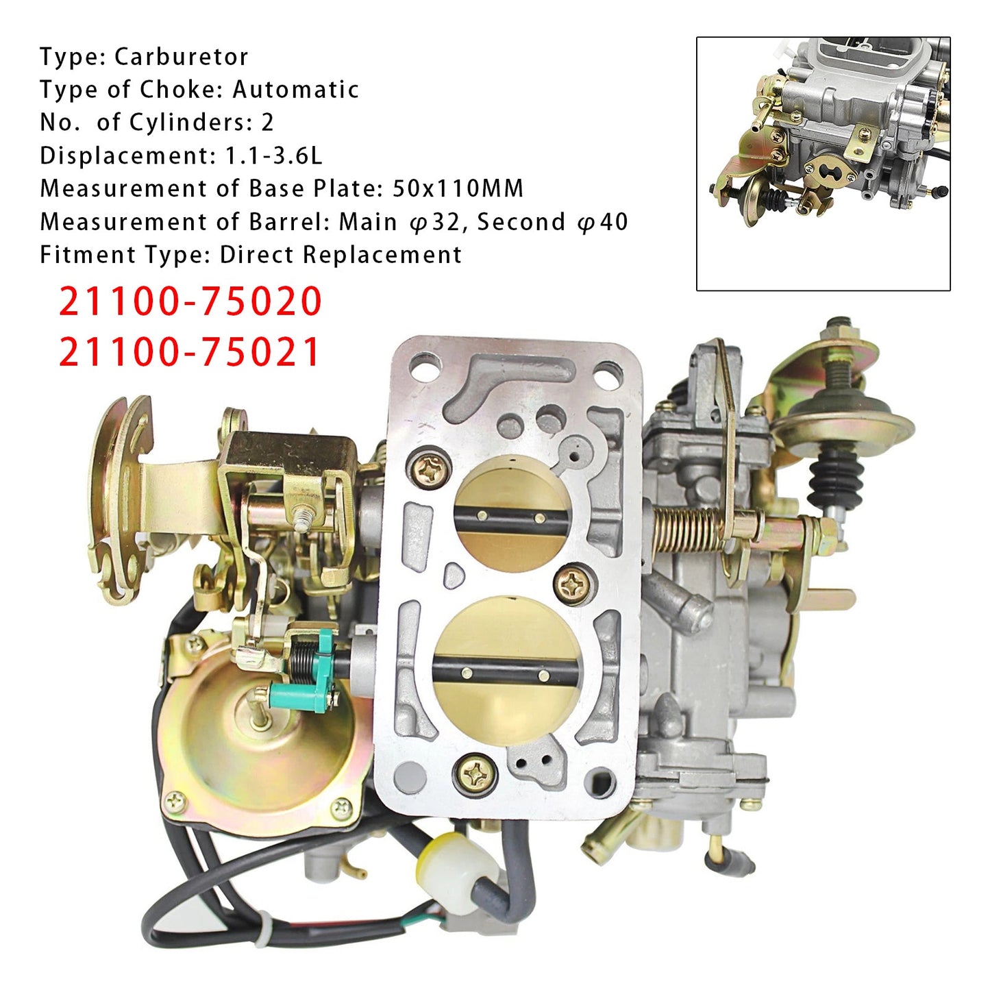 1993-1998  Toyota 1RZ 4Y Hiace 2 Cyl Carb Carburetor 21100-75020 21100-75021