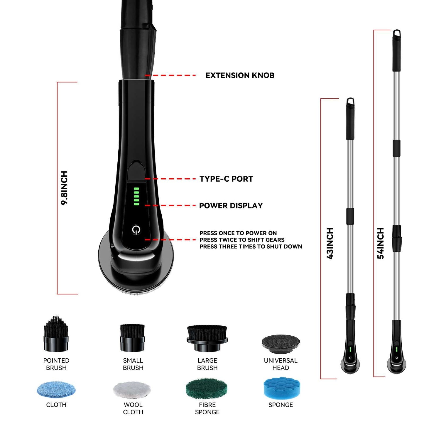 Cepillo de limpieza giratorio eléctrico con 4 cabezales para limpiar ventanas de cocina, fregaderos, platos, lechada, paredes, bañeras y techos.