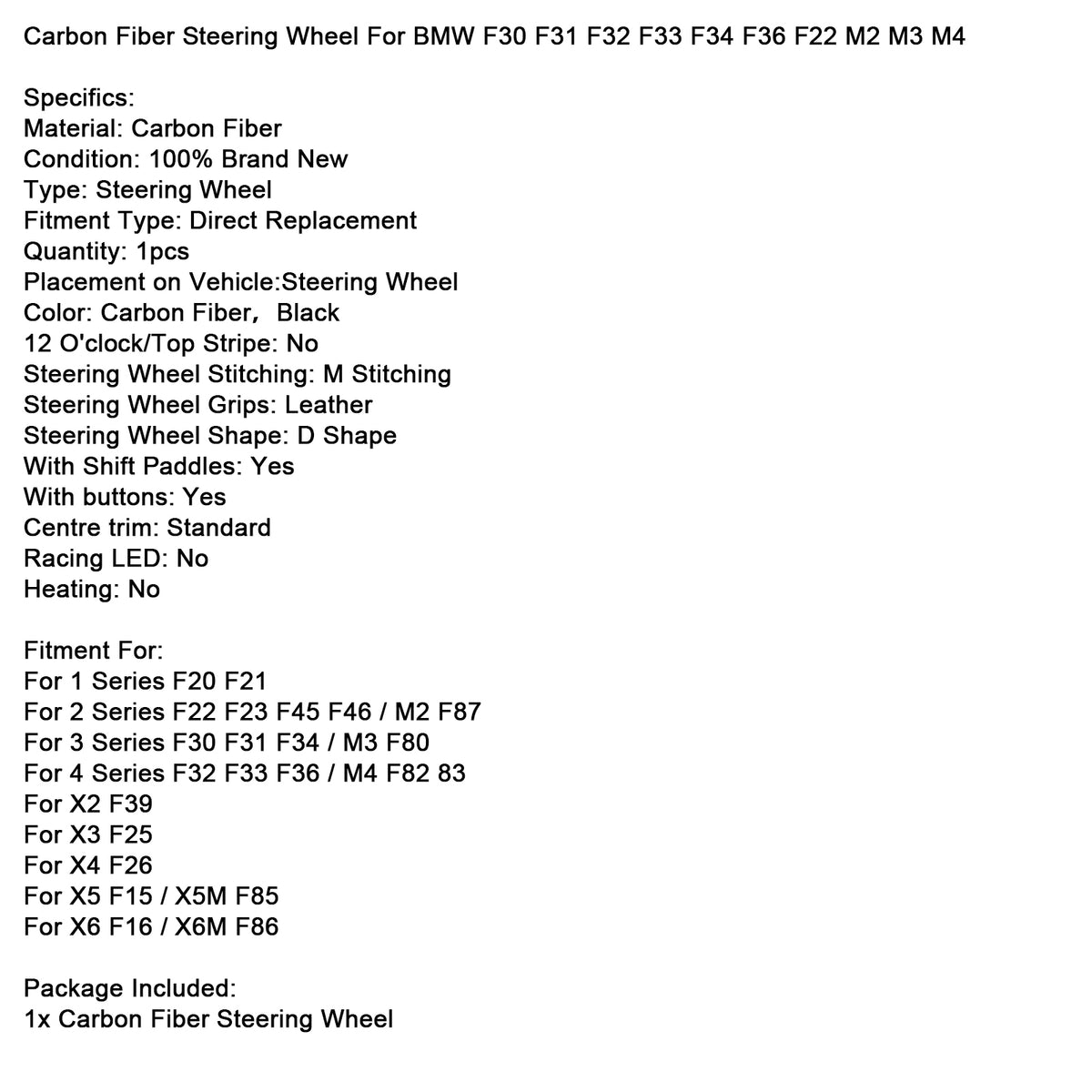F30 F31 F20 F33 F34 F36 F22 M2 M3 M4 Bmw Carbon Fiber Steering Wheel