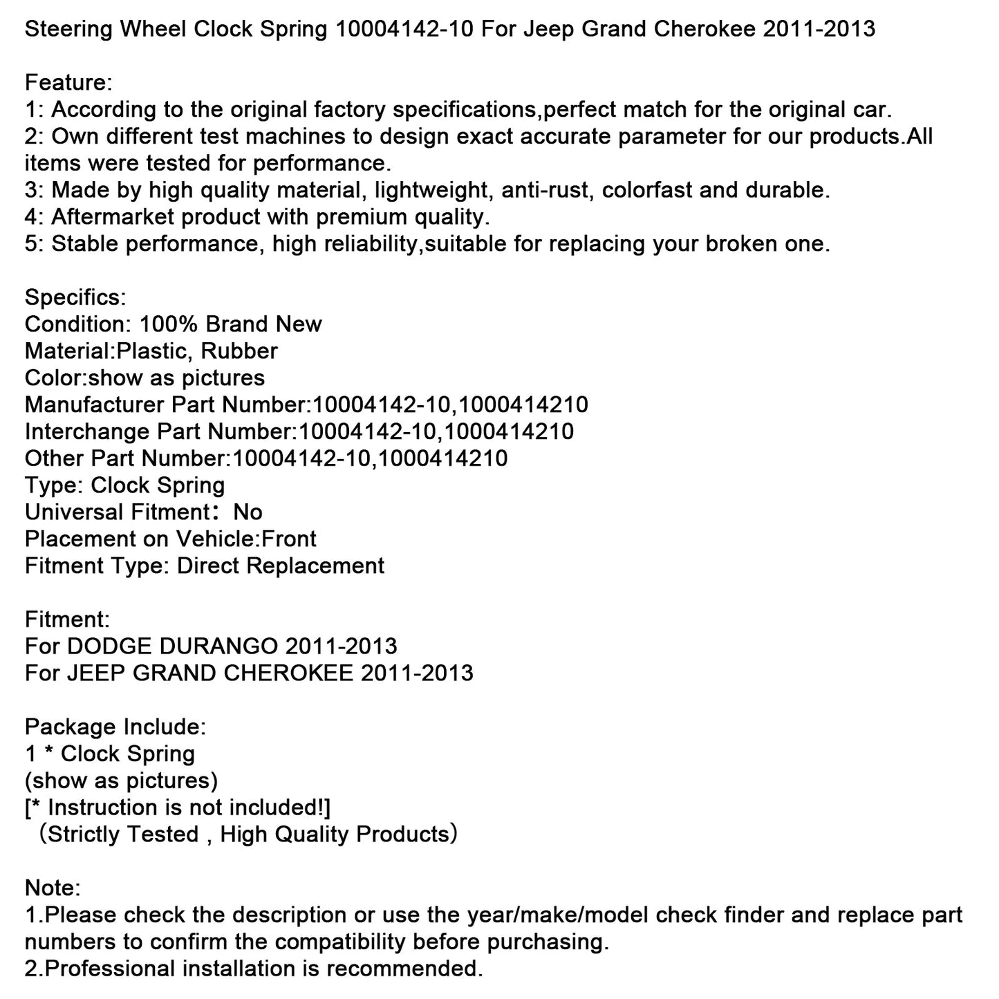 Jeep Grand Cherokee 2011-2013 Steering Wheel Clock Spring 10004142-10