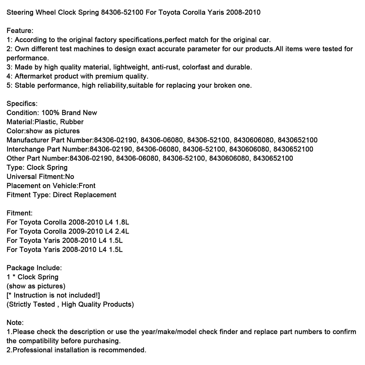 Toyota Corolla Yaris 2008-2010 Steering Wheel Clock Spring 84306-52100