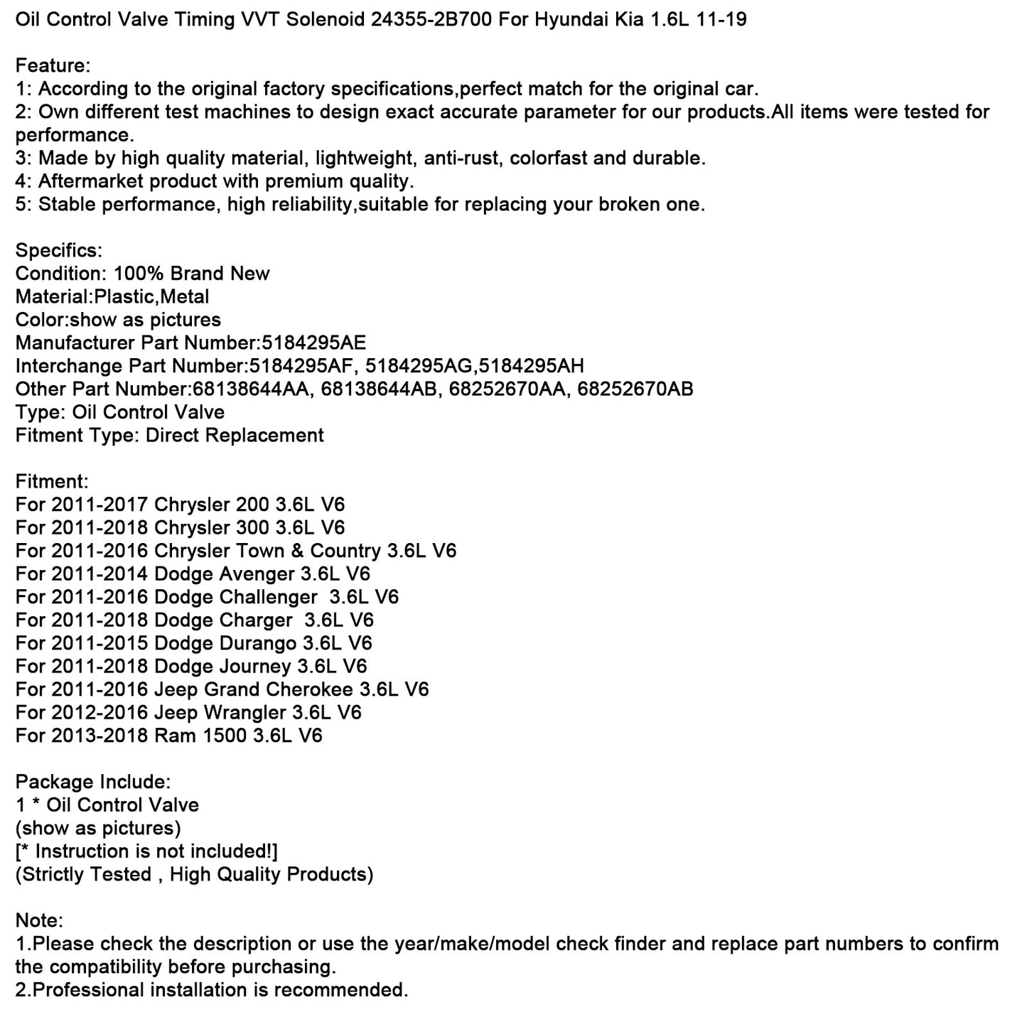 2011-2017 Chrysler 200 3.6L V6 Control Valve Timing VVT Solenoid 5184295AE