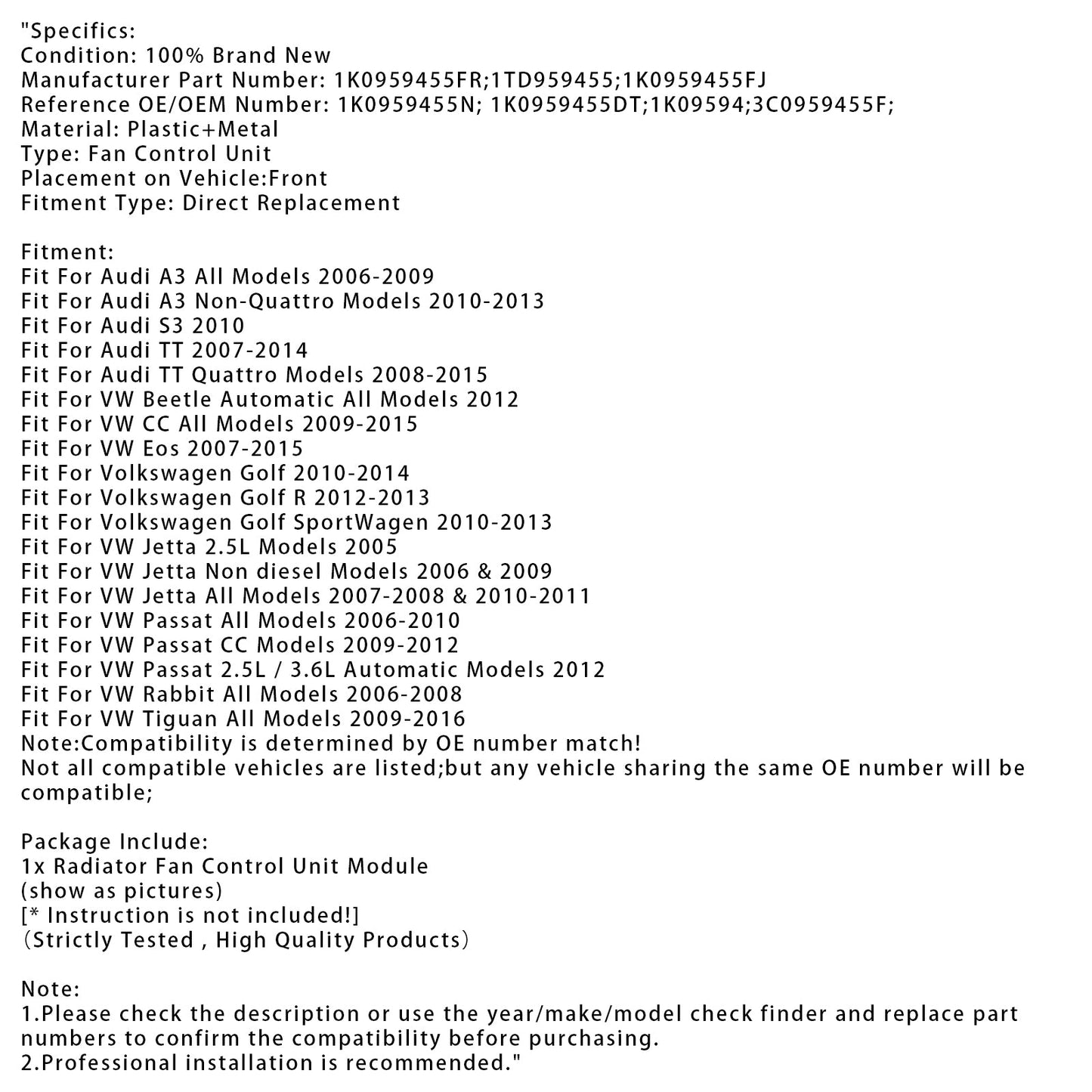 VW Golf Jetta Passat Audi A3 TT 1K0959455FR Radiator Fan Control Module