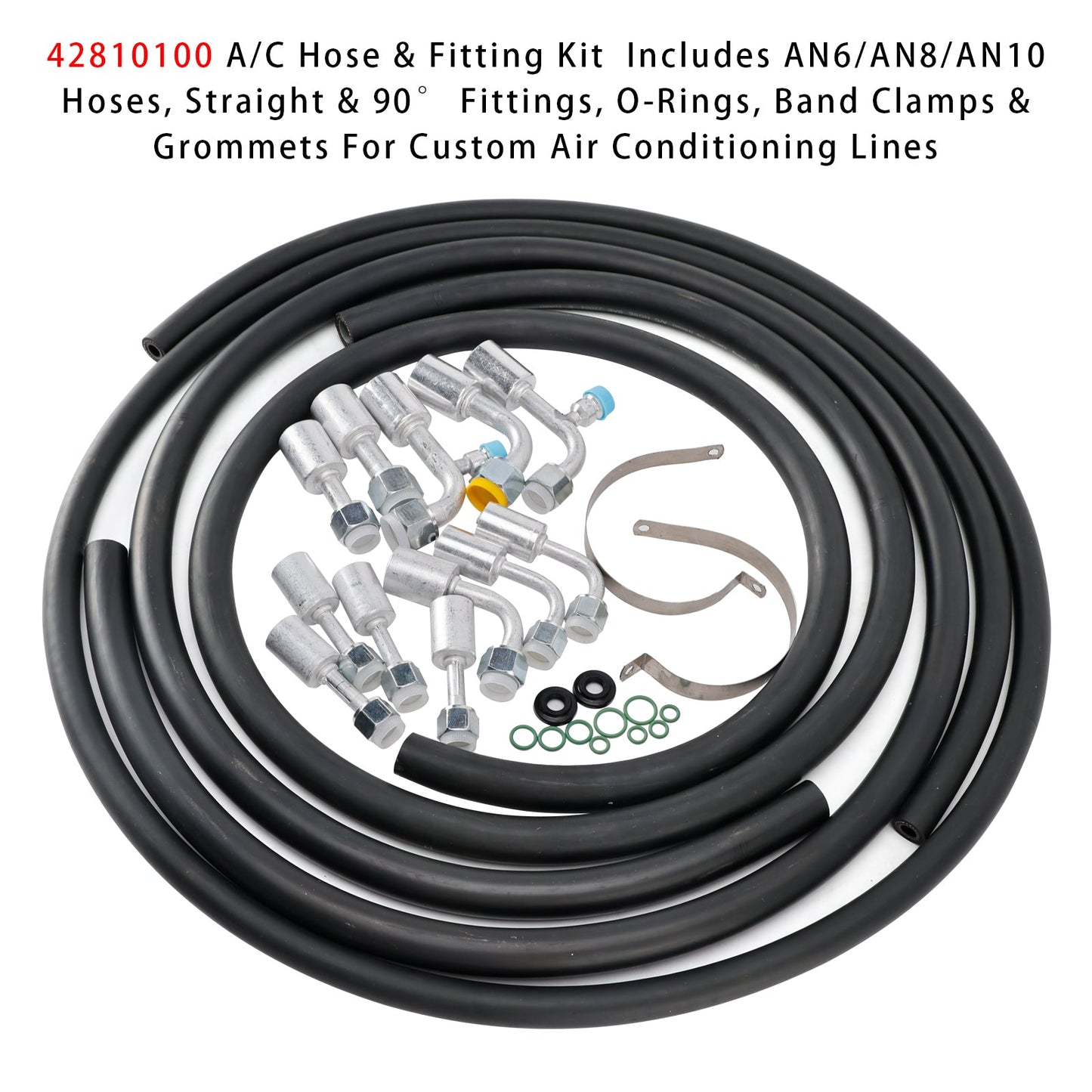 Custom Air Conditioning Lines 42810100 A/C Hose & Fitting Kit  Includes AN6/AN8/AN10 Hoses, Straight & 90Degree Fittings O-Rings, Band Clamps & Grommets