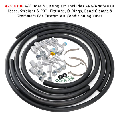 Custom Air Conditioning Lines 42810100 A/C Hose & Fitting Kit  Includes AN6/AN8/AN10 Hoses, Straight & 90Degree Fittings O-Rings, Band Clamps & Grommets