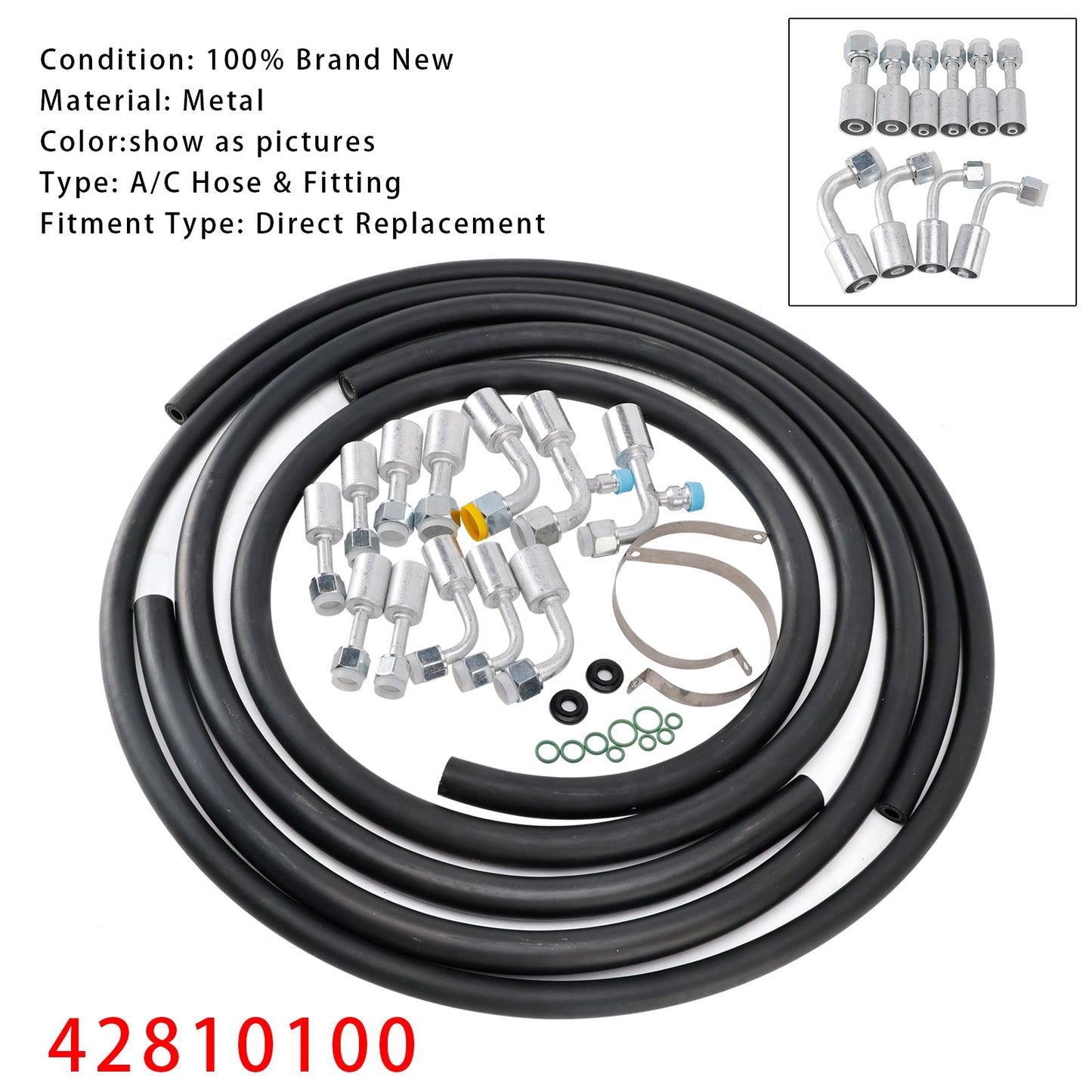 42810100 A/C Hose & Fitting Kit  Includes Band Clamps & Grommets For Custom Air Conditioning Lines, Straight & 90Degree Fittings O-Rings,AN6/AN8/AN10 Hoses