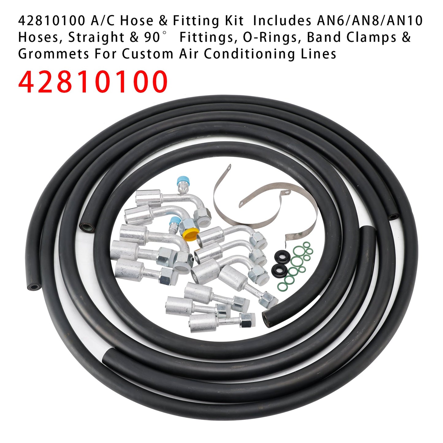 Custom Air Conditioning Lines 42810100 A/C Hose & Fitting Kit  Includes AN6/AN8/AN10 Hoses, Straight & 90Degree Fittings O-Rings, Band Clamps & Grommets